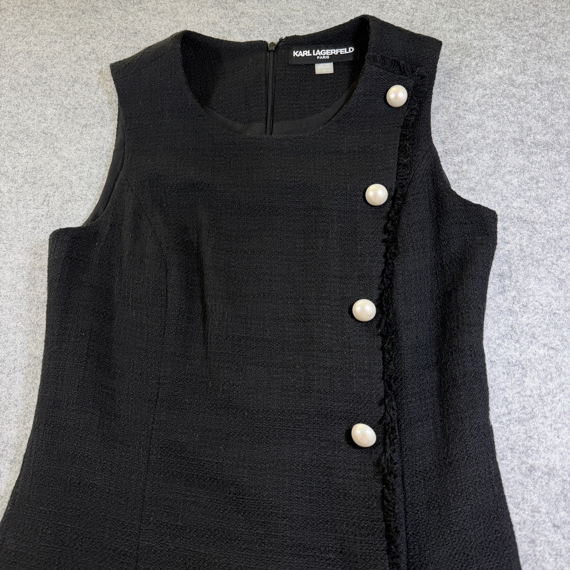 Karl Lagerfeld Paris Dress Womens 4 Black Tweed Sleeveless Sheath Fringe Trim thumbnail 3