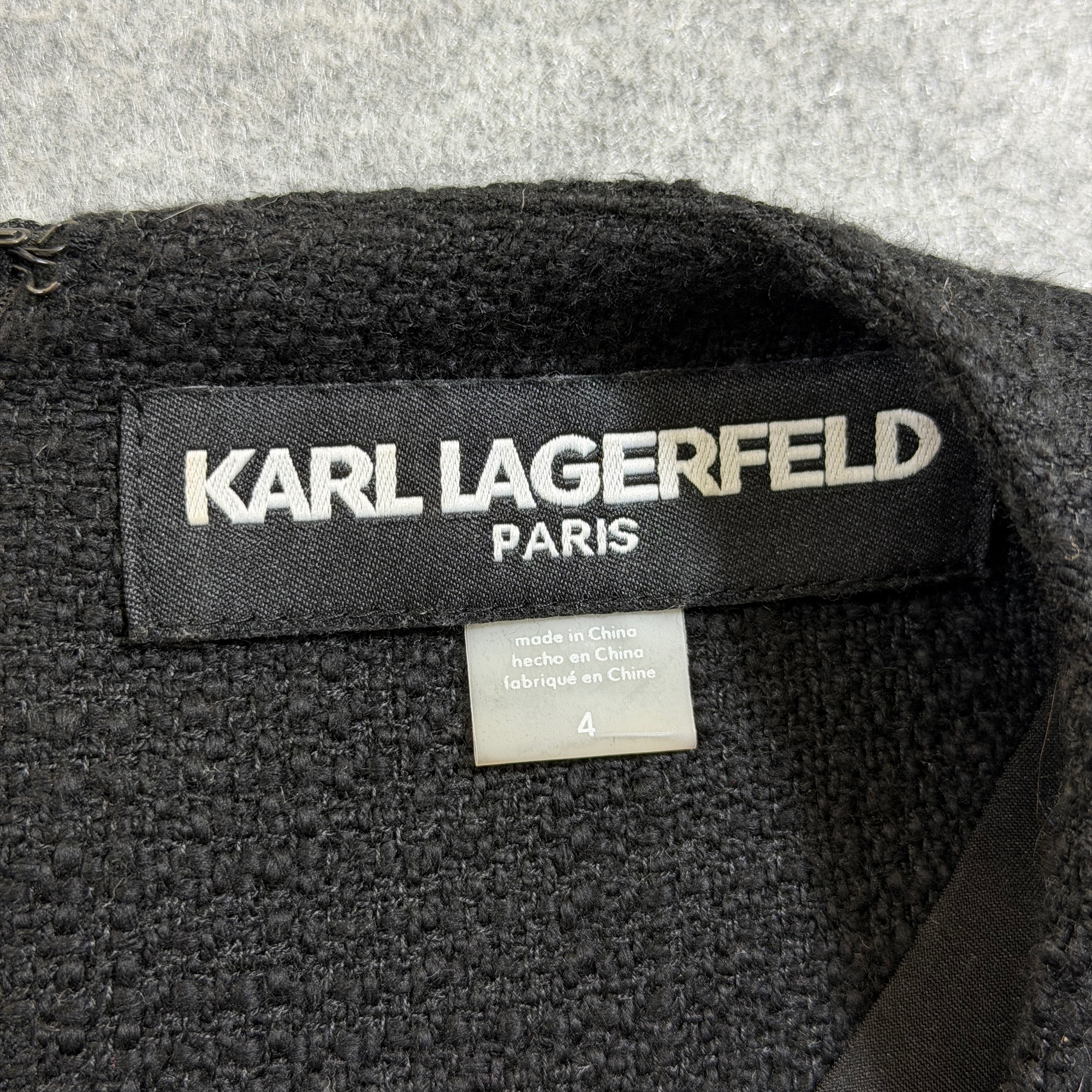 Karl Lagerfeld Paris Dress Womens 4 Black Tweed Sleeveless Sheath Fringe Trim thumbnail 5
