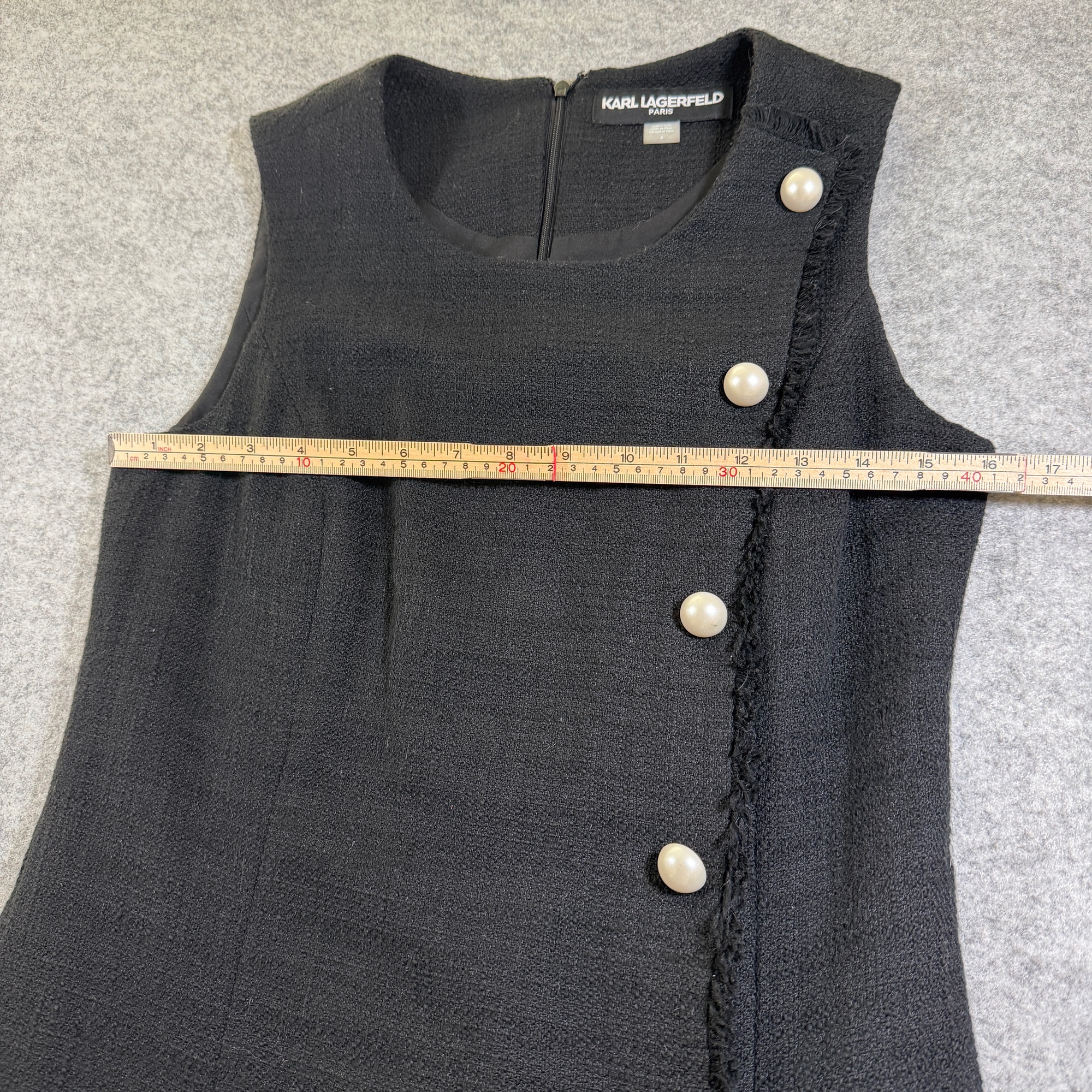 Karl Lagerfeld Paris Dress Womens 4 Black Tweed Sleeveless Sheath Fringe Trim thumbnail 6