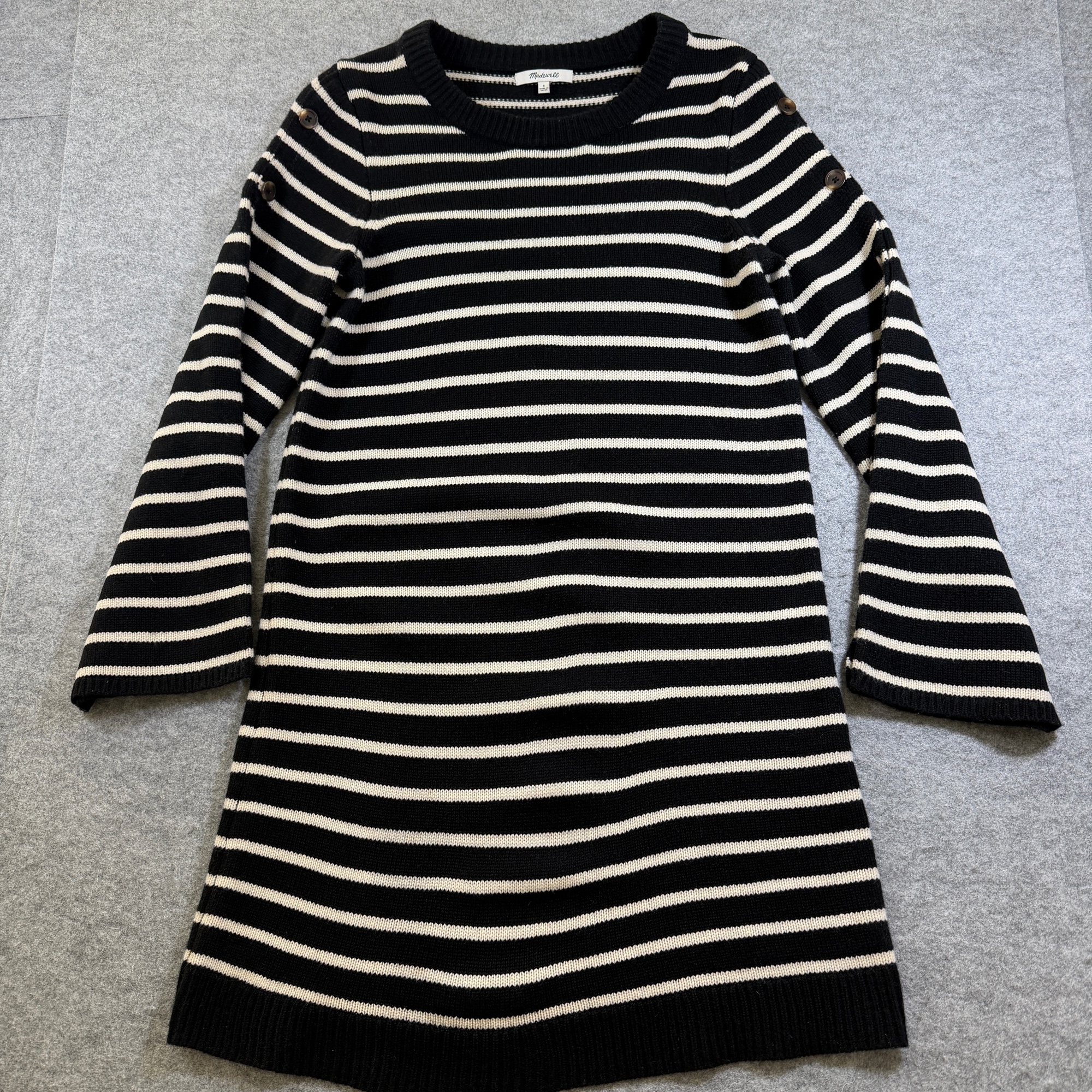 Madewell Sweater Dress Womens S Black Cream Stripe Merino Wool Crewneck Button