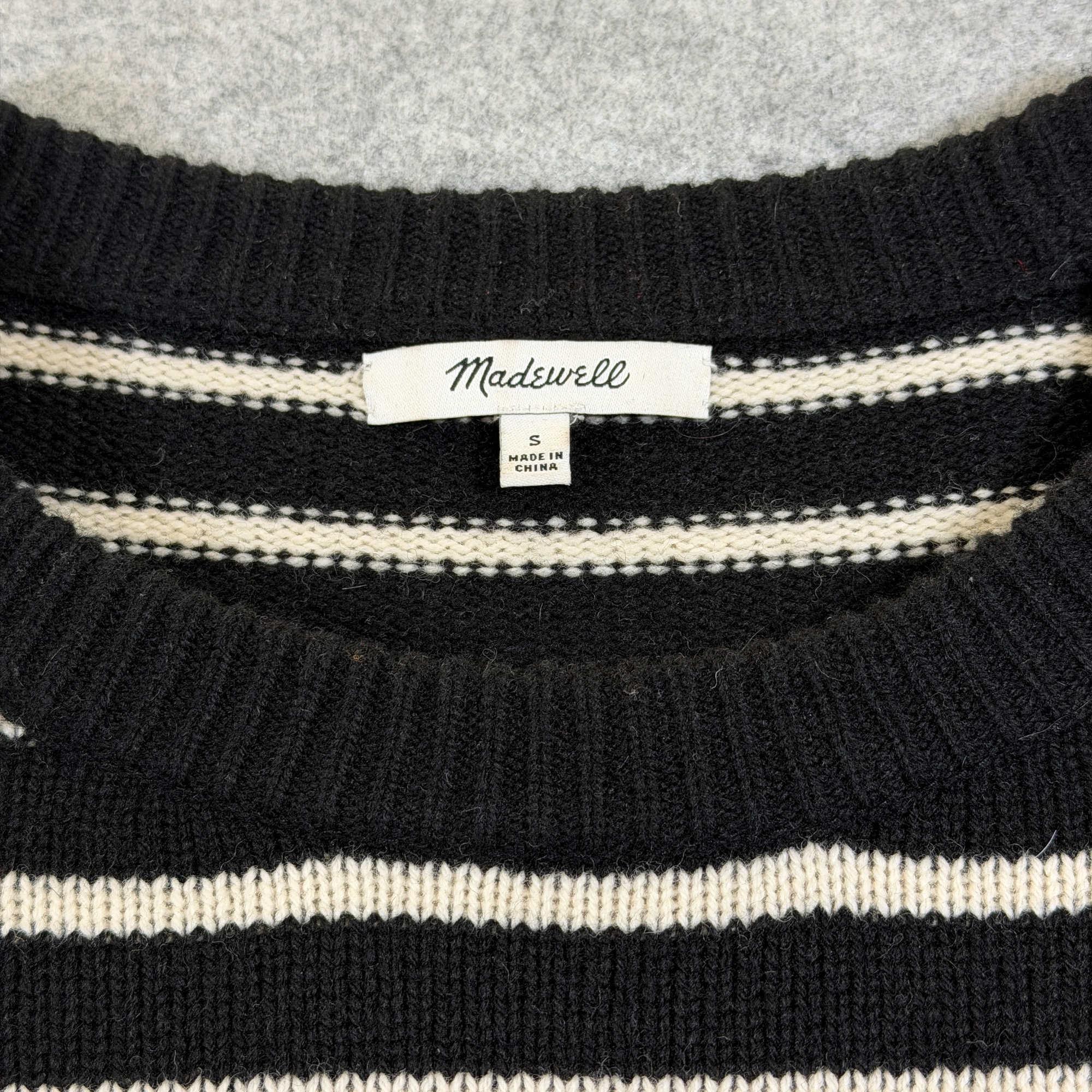 Madewell Sweater Dress Womens S Black Cream Stripe Merino Wool Crewneck Button thumbnail 3
