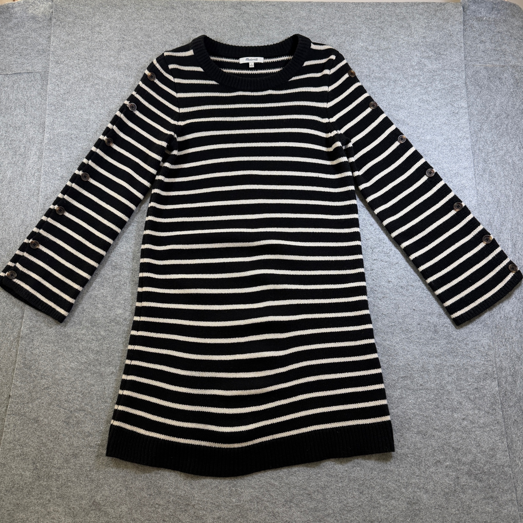 Madewell Sweater Dress Womens S Black Cream Stripe Merino Wool Crewneck Button thumbnail 4