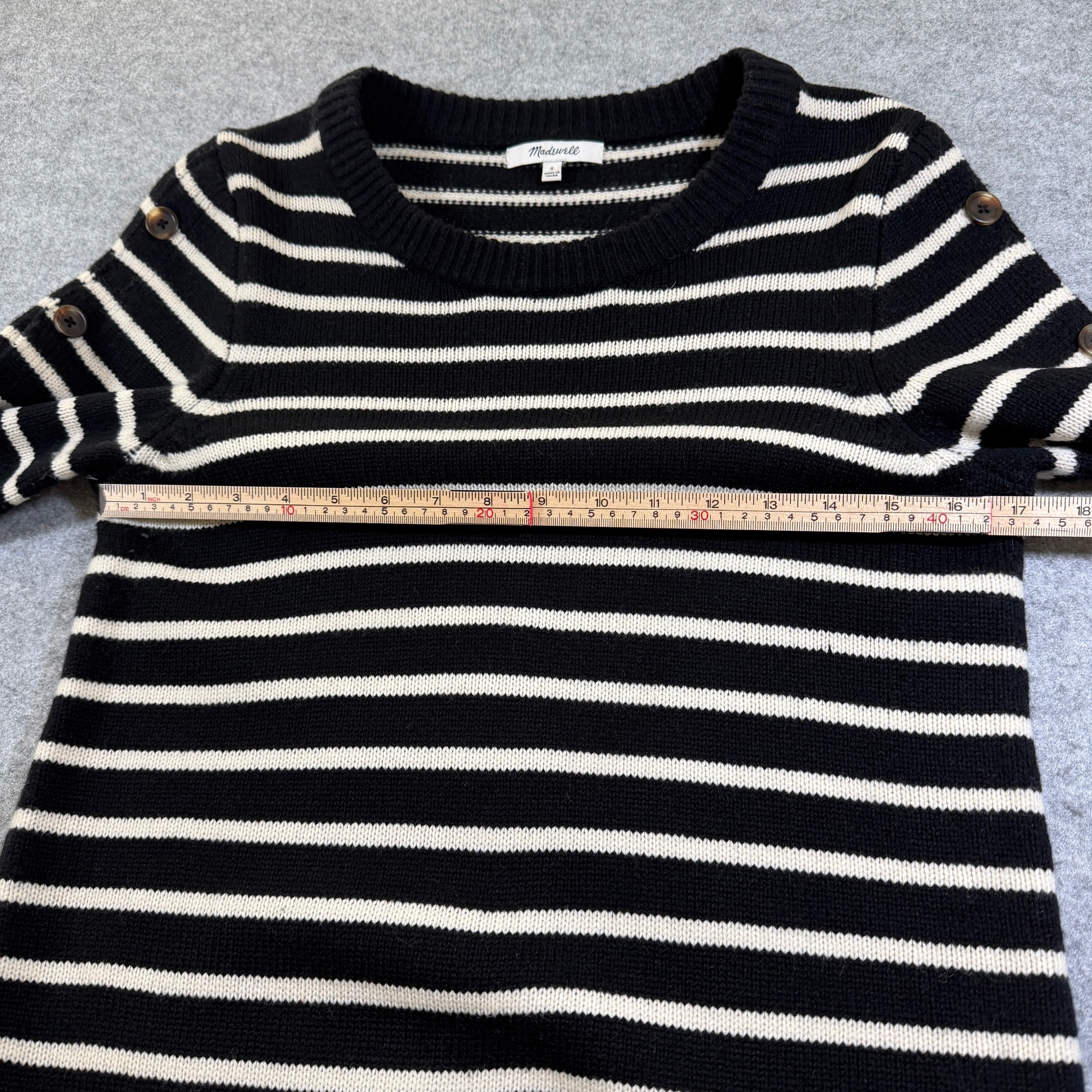 Madewell Sweater Dress Womens S Black Cream Stripe Merino Wool Crewneck Button thumbnail 5
