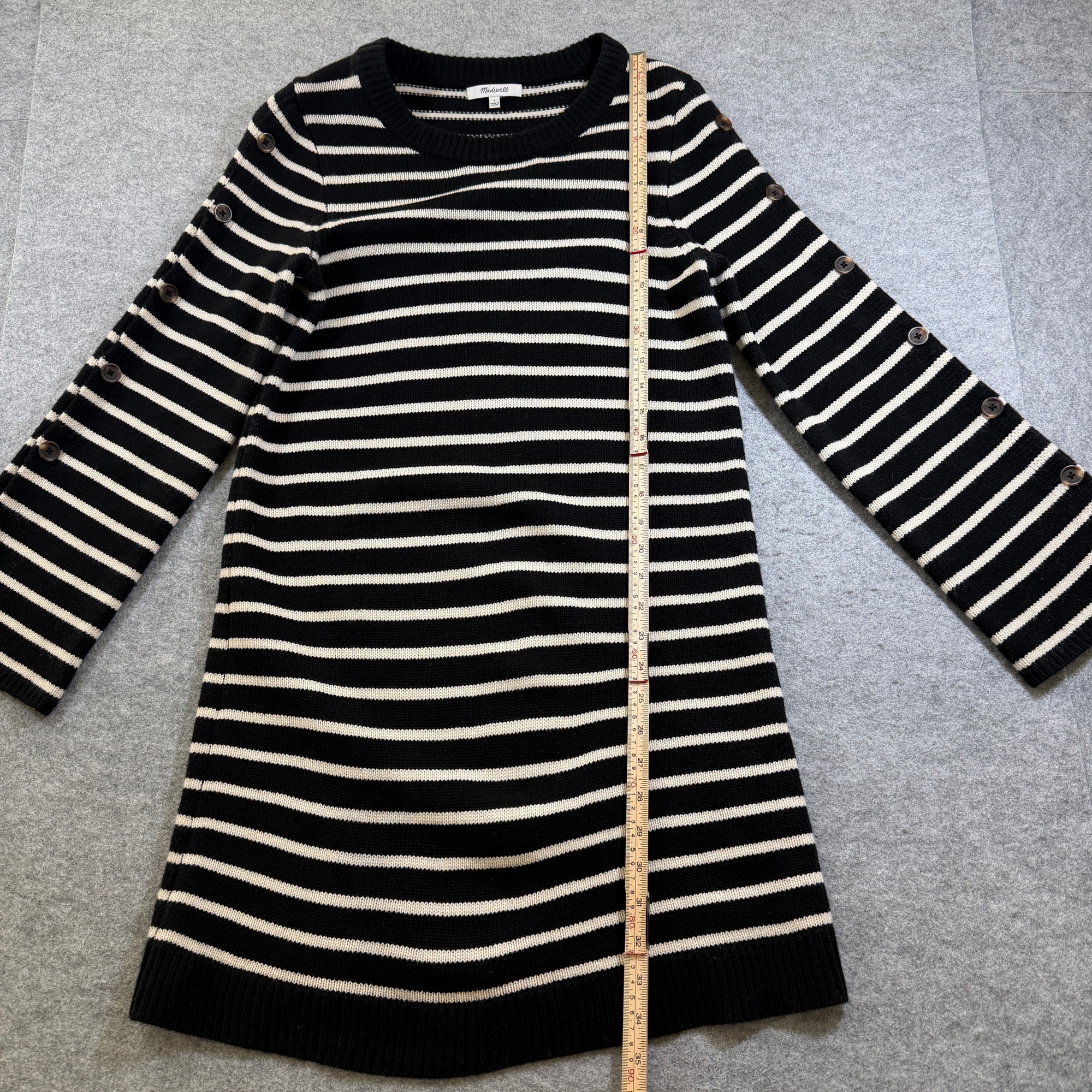 Madewell Sweater Dress Womens S Black Cream Stripe Merino Wool Crewneck Button thumbnail 6