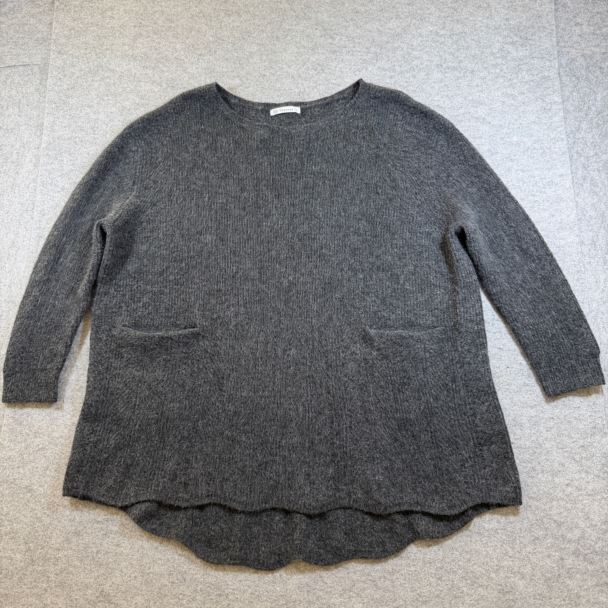 Veveret Wool Blend Sweater Womens M Charcoal Gray Hi Lo Hem Pockets 3/4 Sleeve