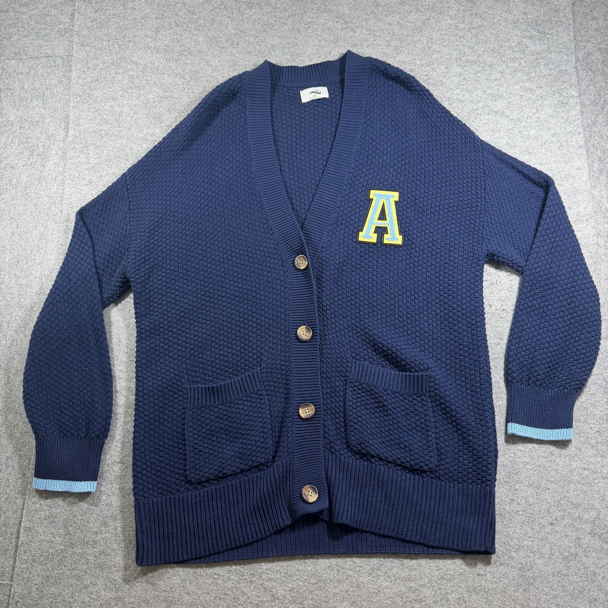 Aerie Cardigan Knit Sweater Womens M Navy Varsity Letterman Cotton Patch NWOT