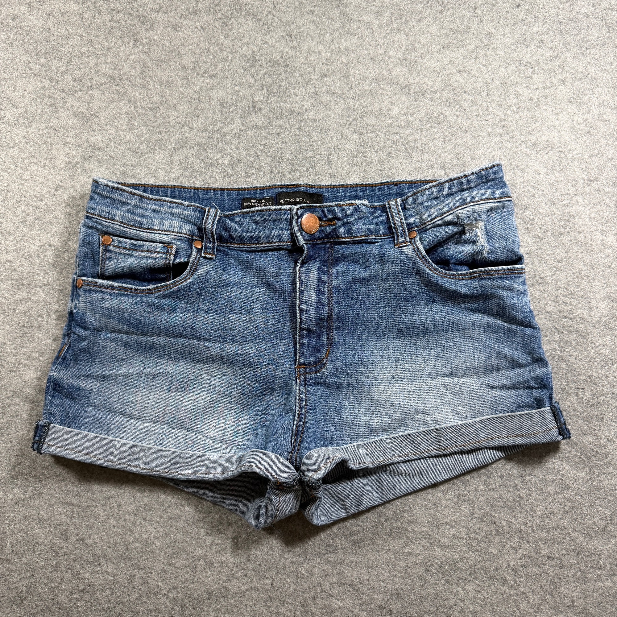 Seethrusoul Denim Shorts Womens 30 Blue High Rise Boyfriend Distressed Cuffed