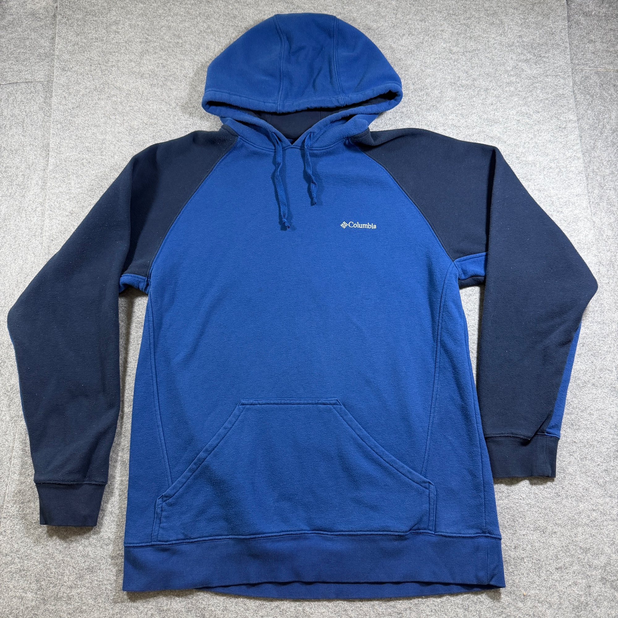 Columbia Hoodie Mens L Blue Navy Colorblock Pullover Drawstaring Pocket Cotton