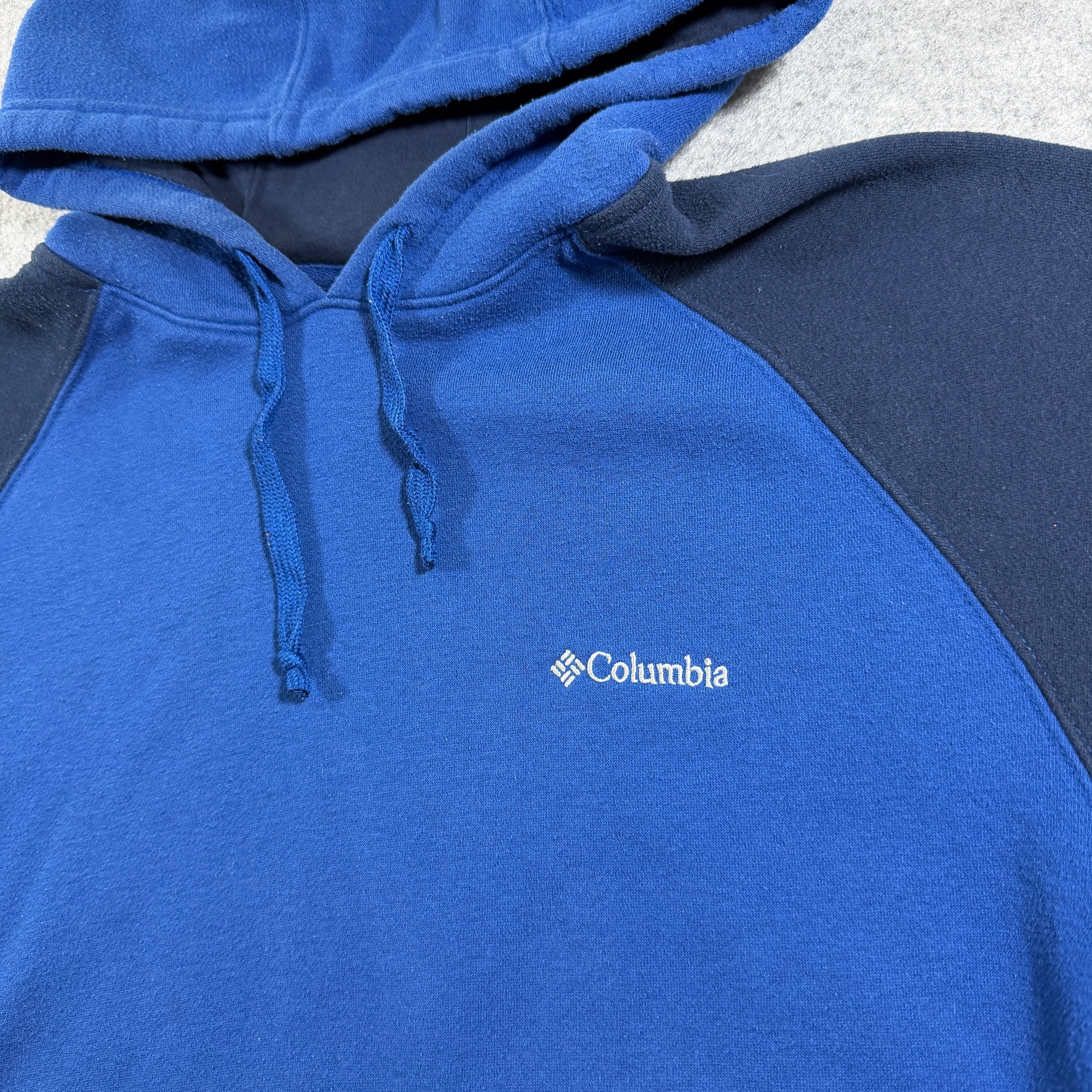 Columbia Hoodie Mens L Blue Navy Colorblock Pullover Drawstaring Pocket Cotton thumbnail 3
