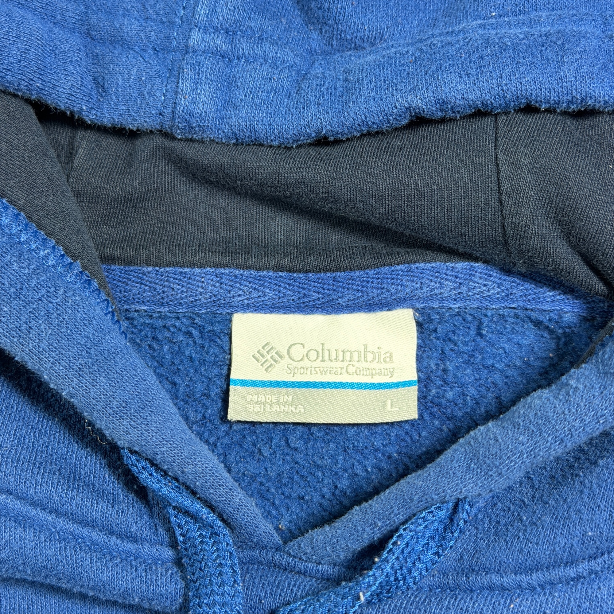 Columbia Hoodie Mens L Blue Navy Colorblock Pullover Drawstaring Pocket Cotton thumbnail 5