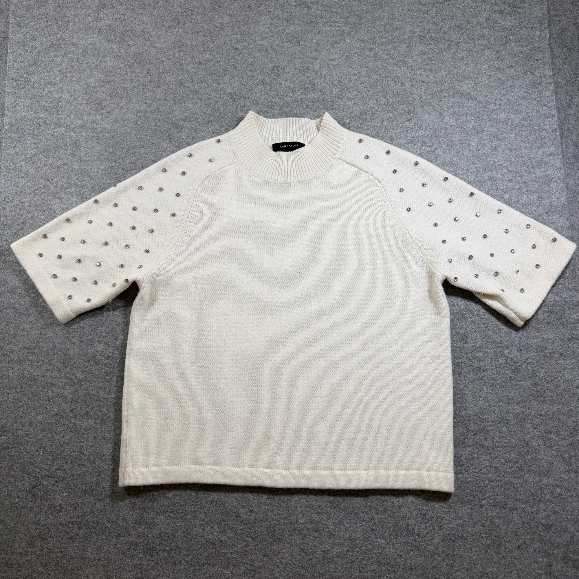 Ann Taylor Sweater Womens S Ivory Wool Blend Rhinestone Embellished Short Sleeve