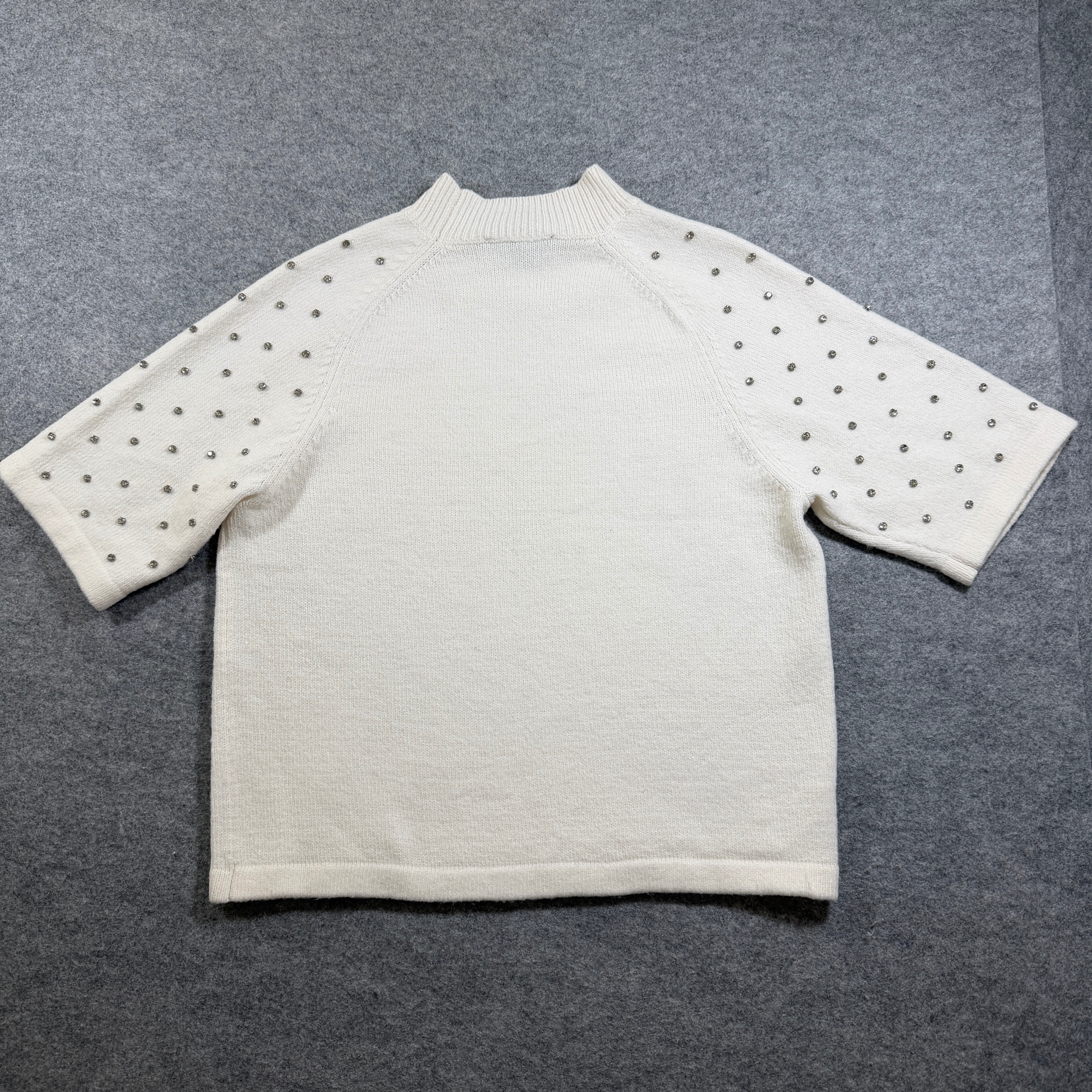 Ann Taylor Sweater Womens S Ivory Wool Blend Rhinestone Embellished Short Sleeve thumbnail 2