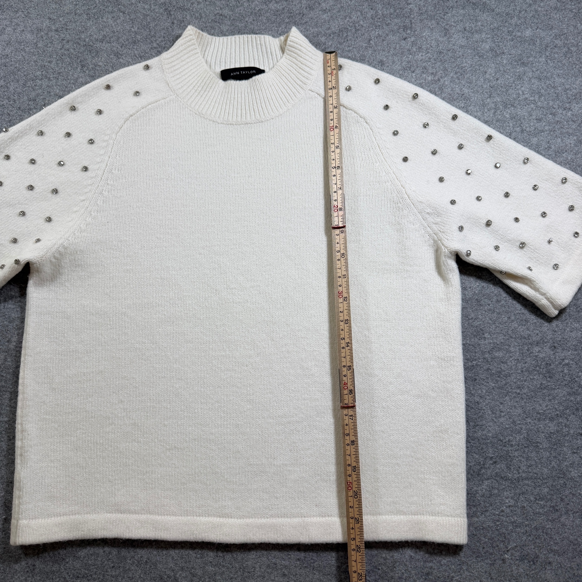 Ann Taylor Sweater Womens S Ivory Wool Blend Rhinestone Embellished Short Sleeve thumbnail 7