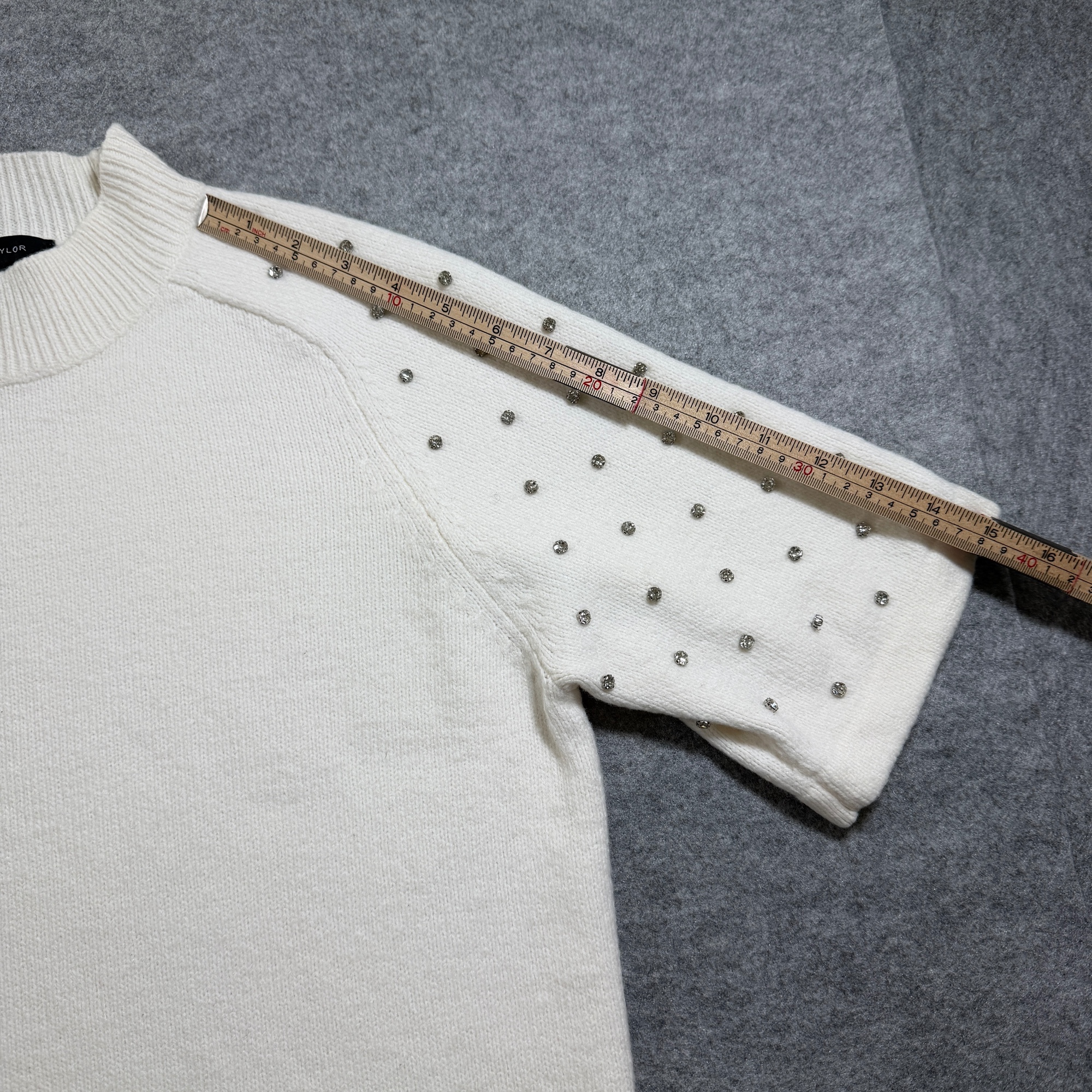 Ann Taylor Sweater Womens S Ivory Wool Blend Rhinestone Embellished Short Sleeve thumbnail 8