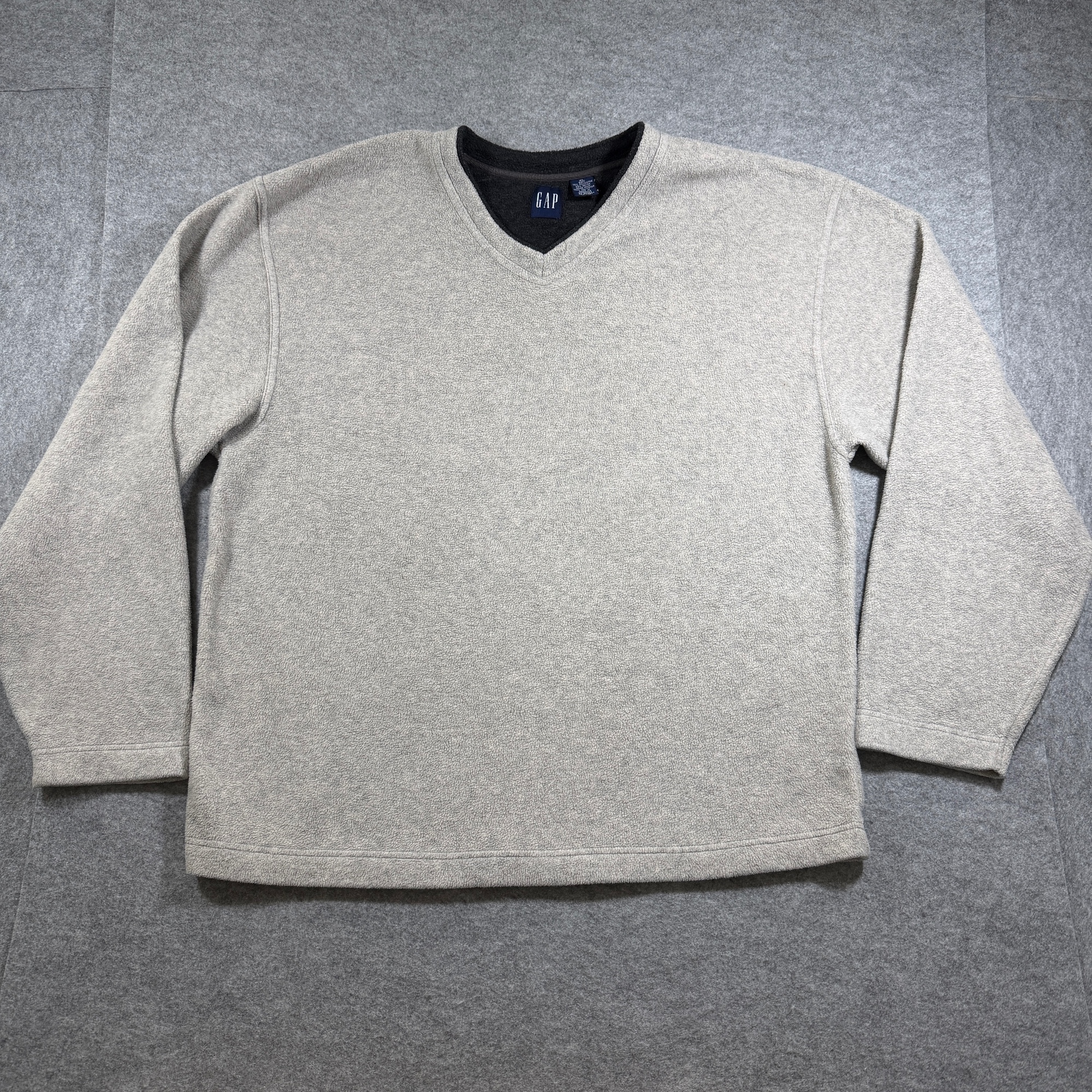 Gap Fleece Pullover Sweater Mens XL Tan Oatmeal V Neck Relaxed Fit Heavyweight