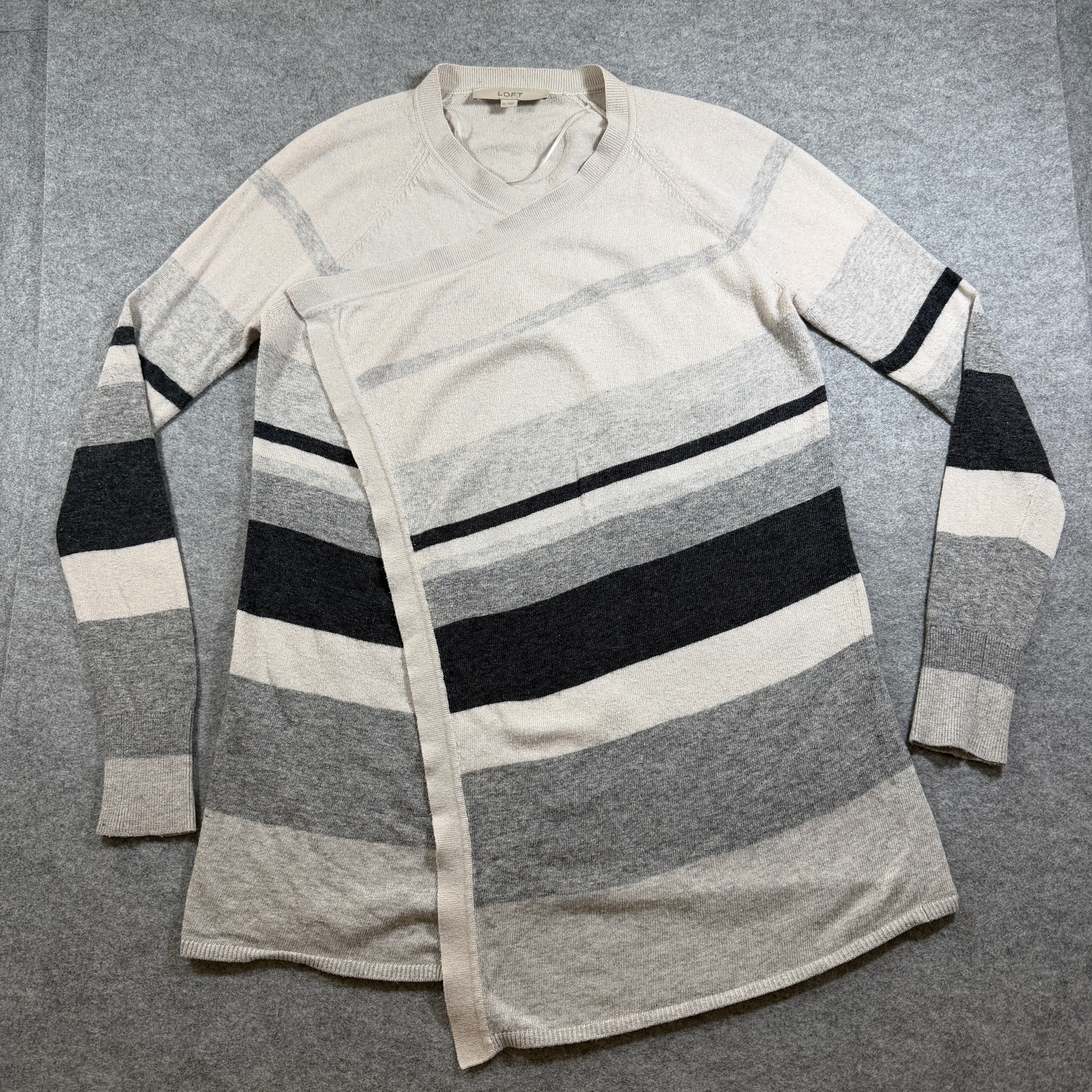 LOFT Open Front Cardigan Sweater Womens XS Cream Gray Striped Wrap Soft Wool
