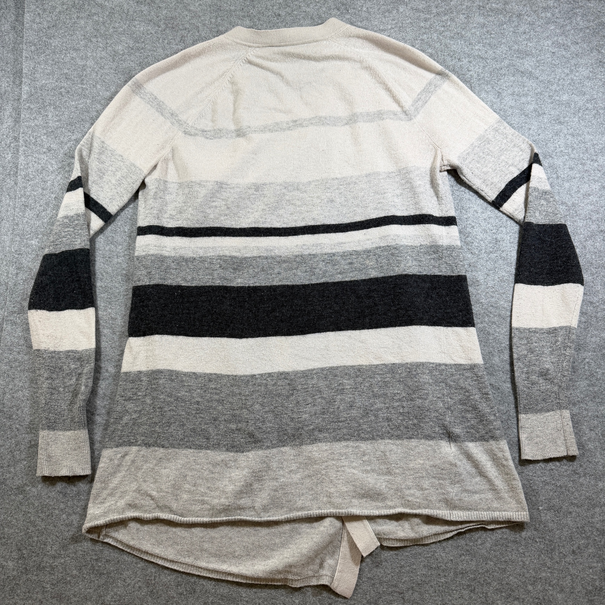 LOFT Open Front Cardigan Sweater Womens XS Cream Gray Striped Wrap Soft Wool thumbnail 2
