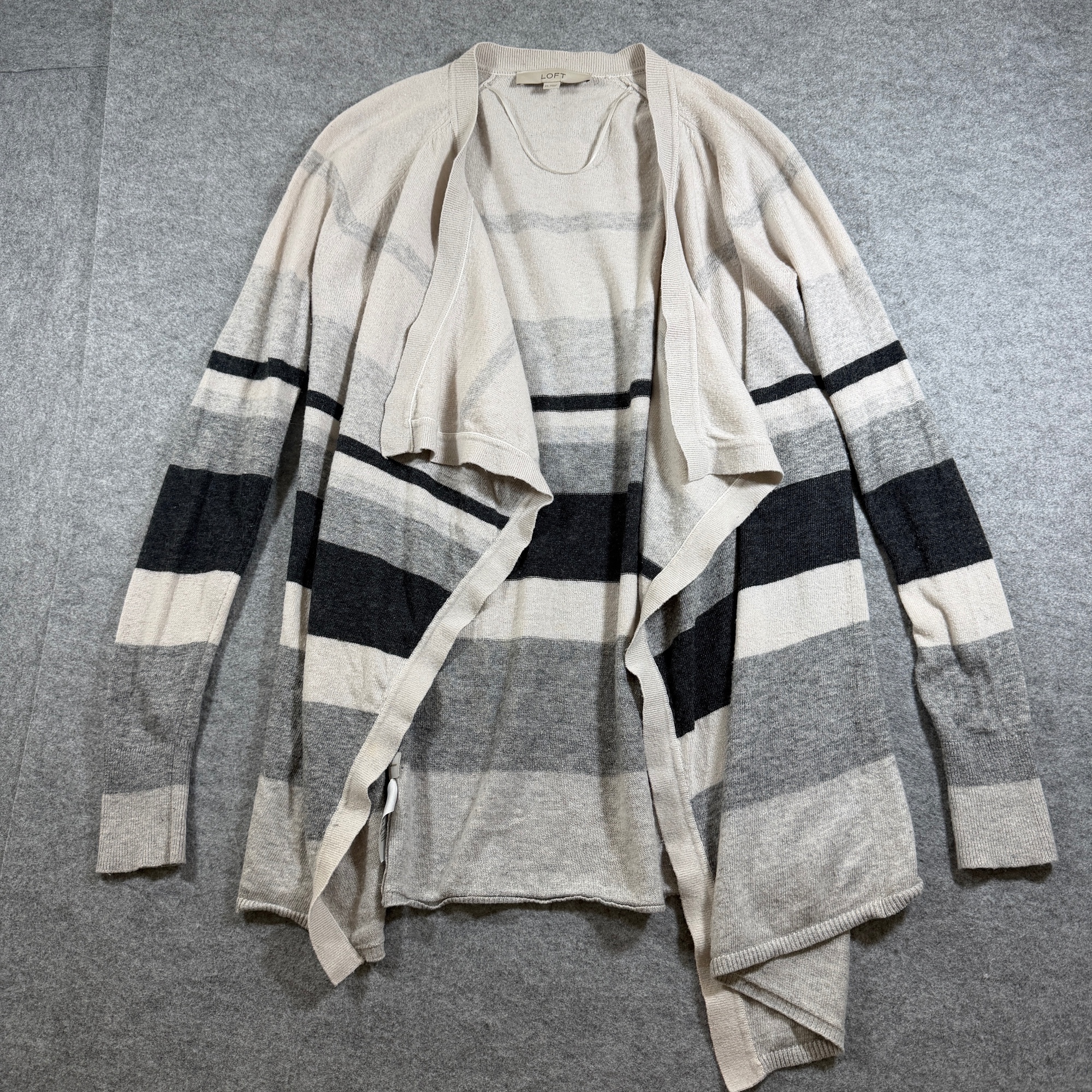 LOFT Open Front Cardigan Sweater Womens XS Cream Gray Striped Wrap Soft Wool thumbnail 3