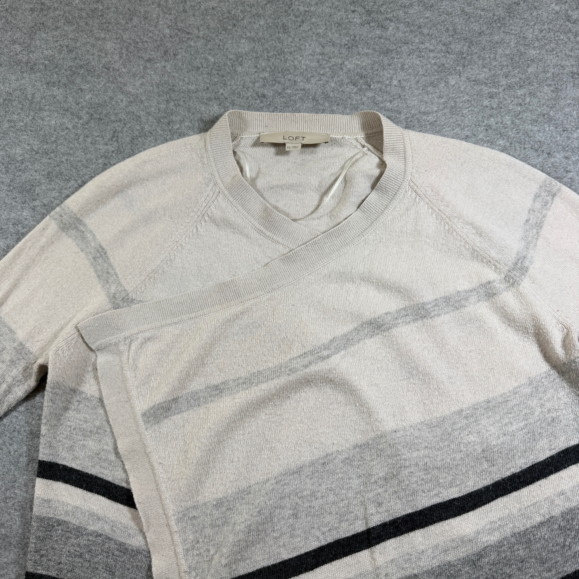 LOFT Open Front Cardigan Sweater Womens XS Cream Gray Striped Wrap Soft Wool thumbnail 4