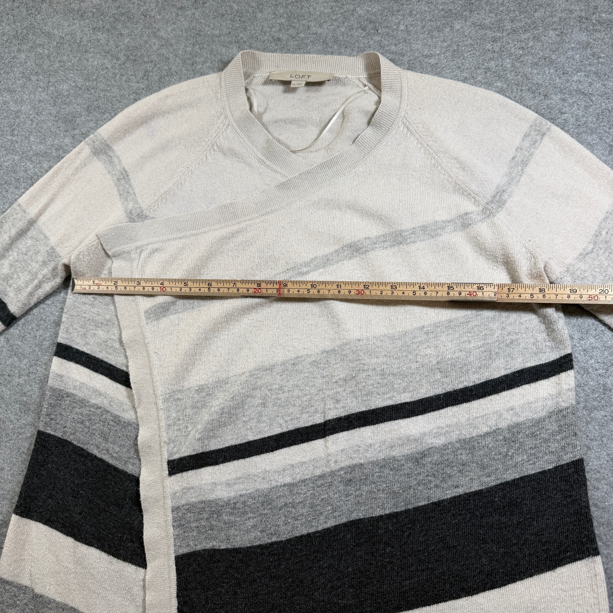 LOFT Open Front Cardigan Sweater Womens XS Cream Gray Striped Wrap Soft Wool thumbnail 6