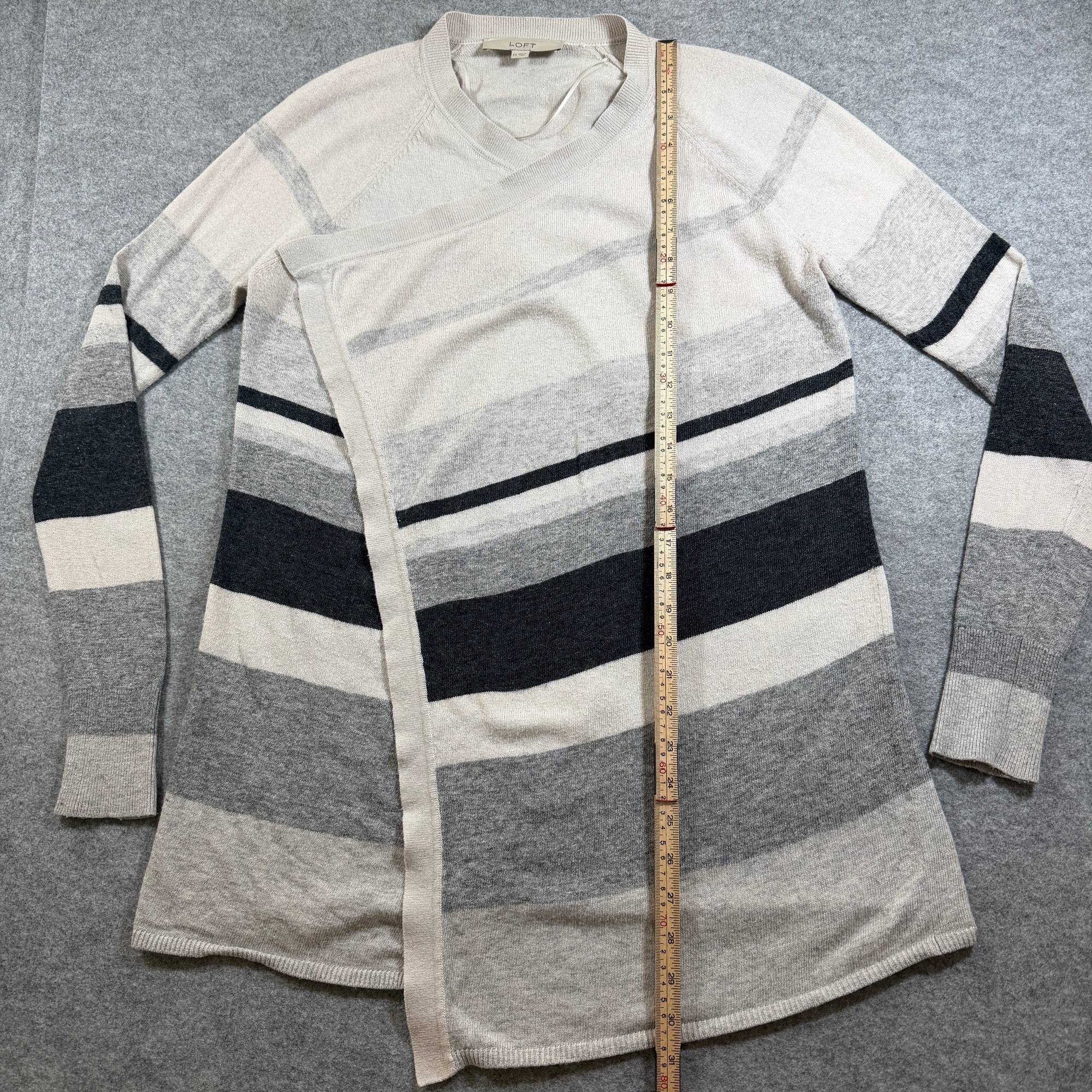 LOFT Open Front Cardigan Sweater Womens XS Cream Gray Striped Wrap Soft Wool thumbnail 7