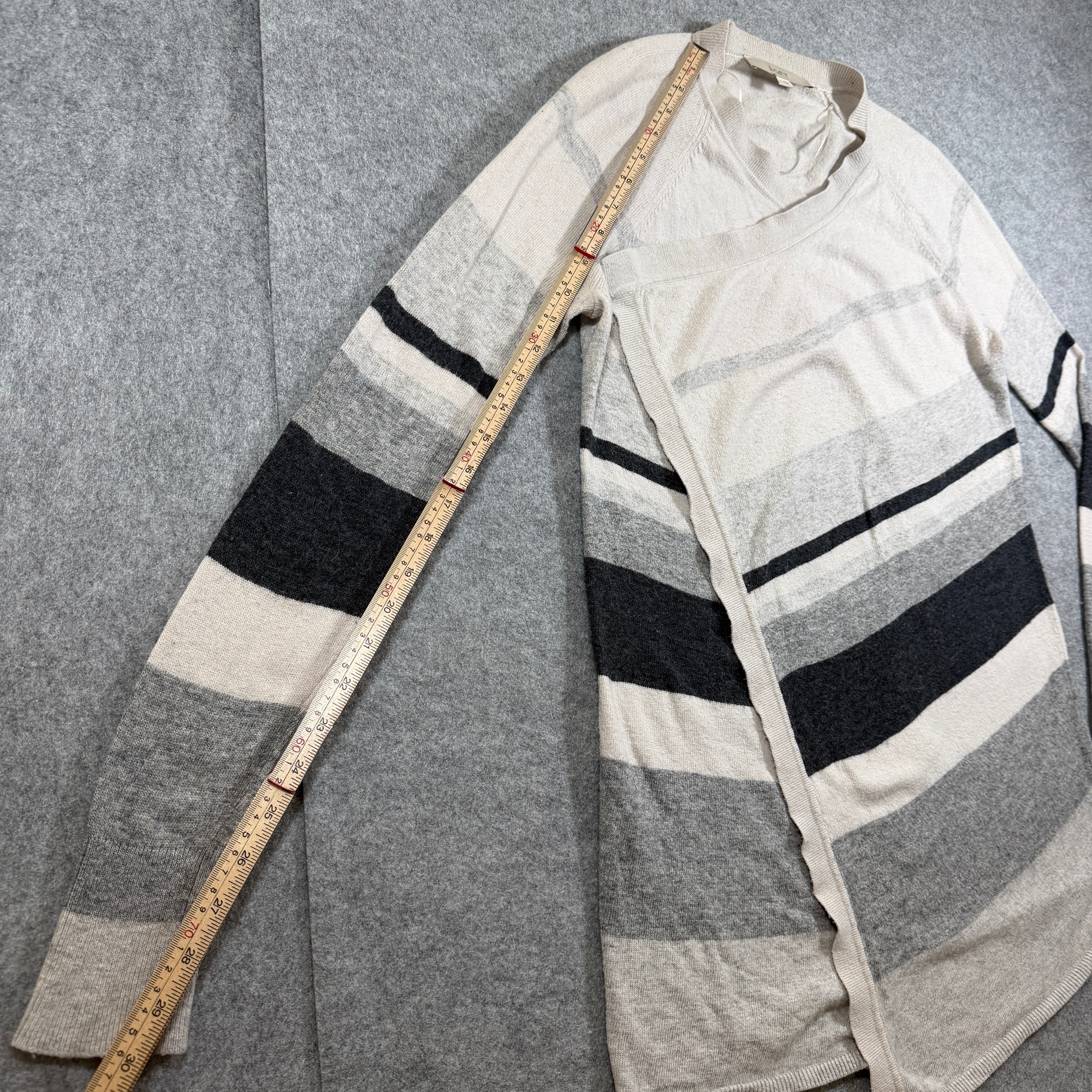 LOFT Open Front Cardigan Sweater Womens XS Cream Gray Striped Wrap Soft Wool thumbnail 8