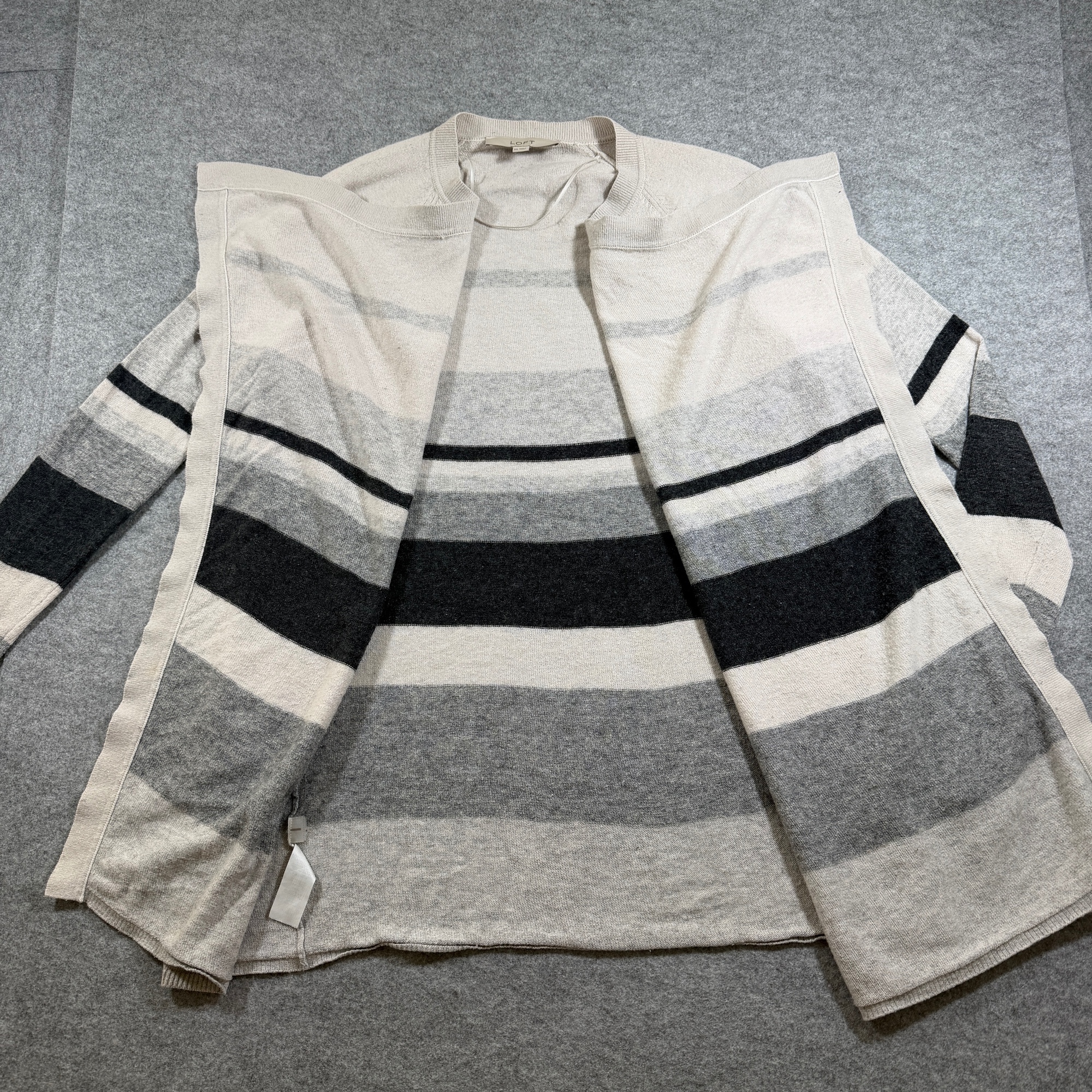 LOFT Open Front Cardigan Sweater Womens XS Cream Gray Striped Wrap Soft Wool thumbnail 9