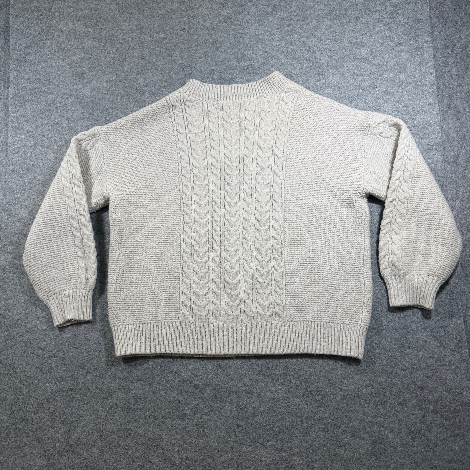 LOFT Cable Knit Sweater Womens L Oatmeal Cream Crew Neck Ribbed Cuffs Wool Blend thumbnail 2
