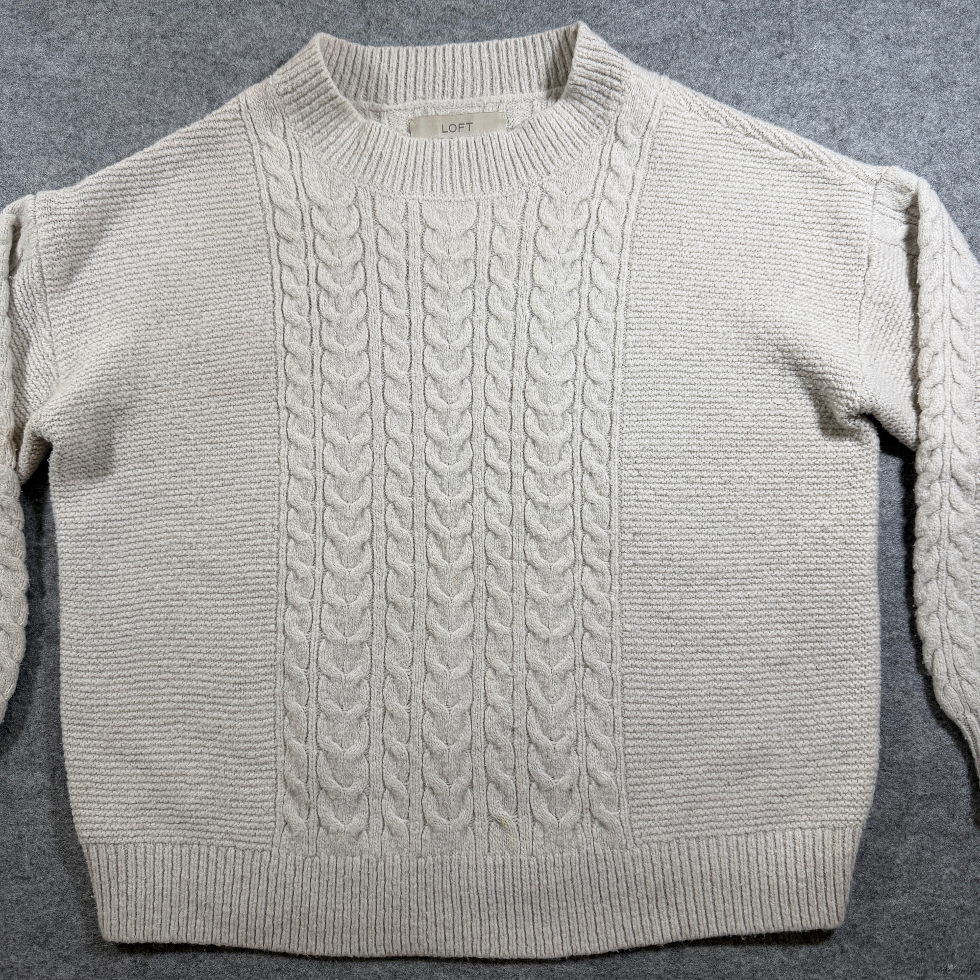 LOFT Cable Knit Sweater Womens L Oatmeal Cream Crew Neck Ribbed Cuffs Wool Blend thumbnail 3