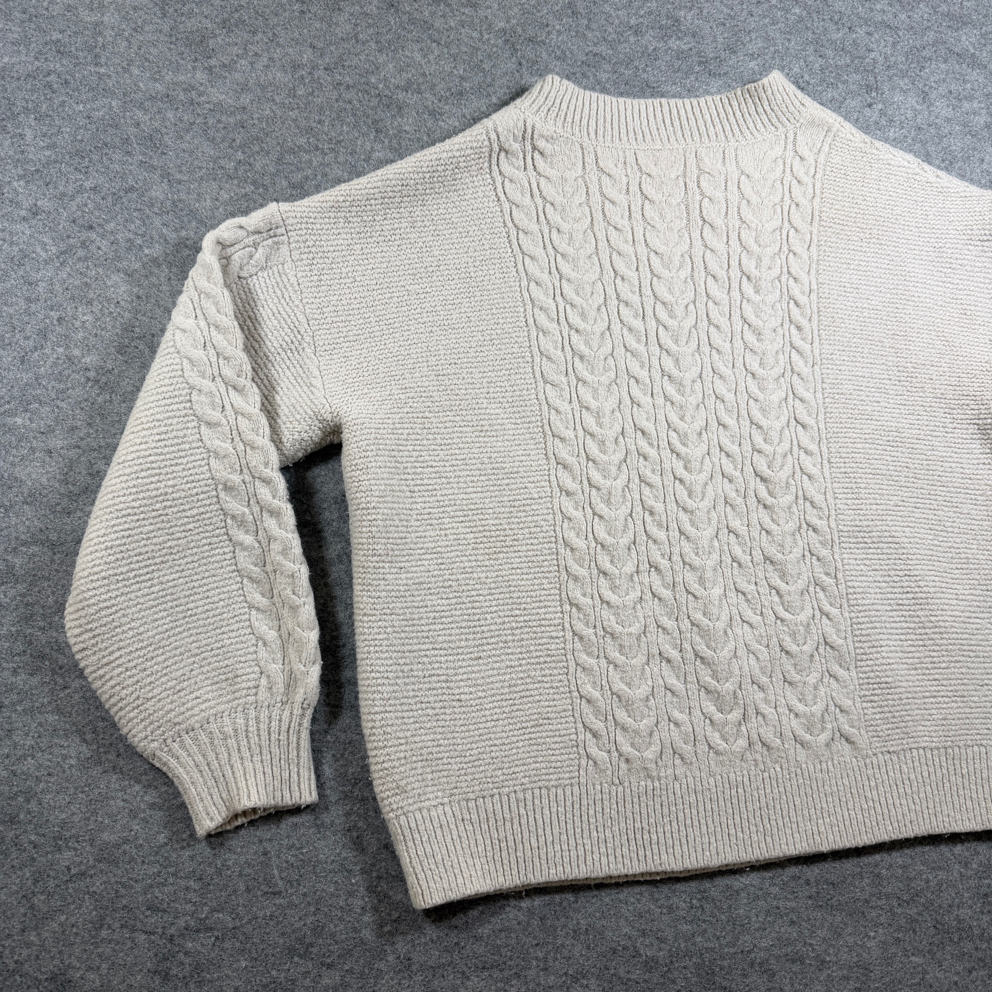LOFT Cable Knit Sweater Womens L Oatmeal Cream Crew Neck Ribbed Cuffs Wool Blend thumbnail 11