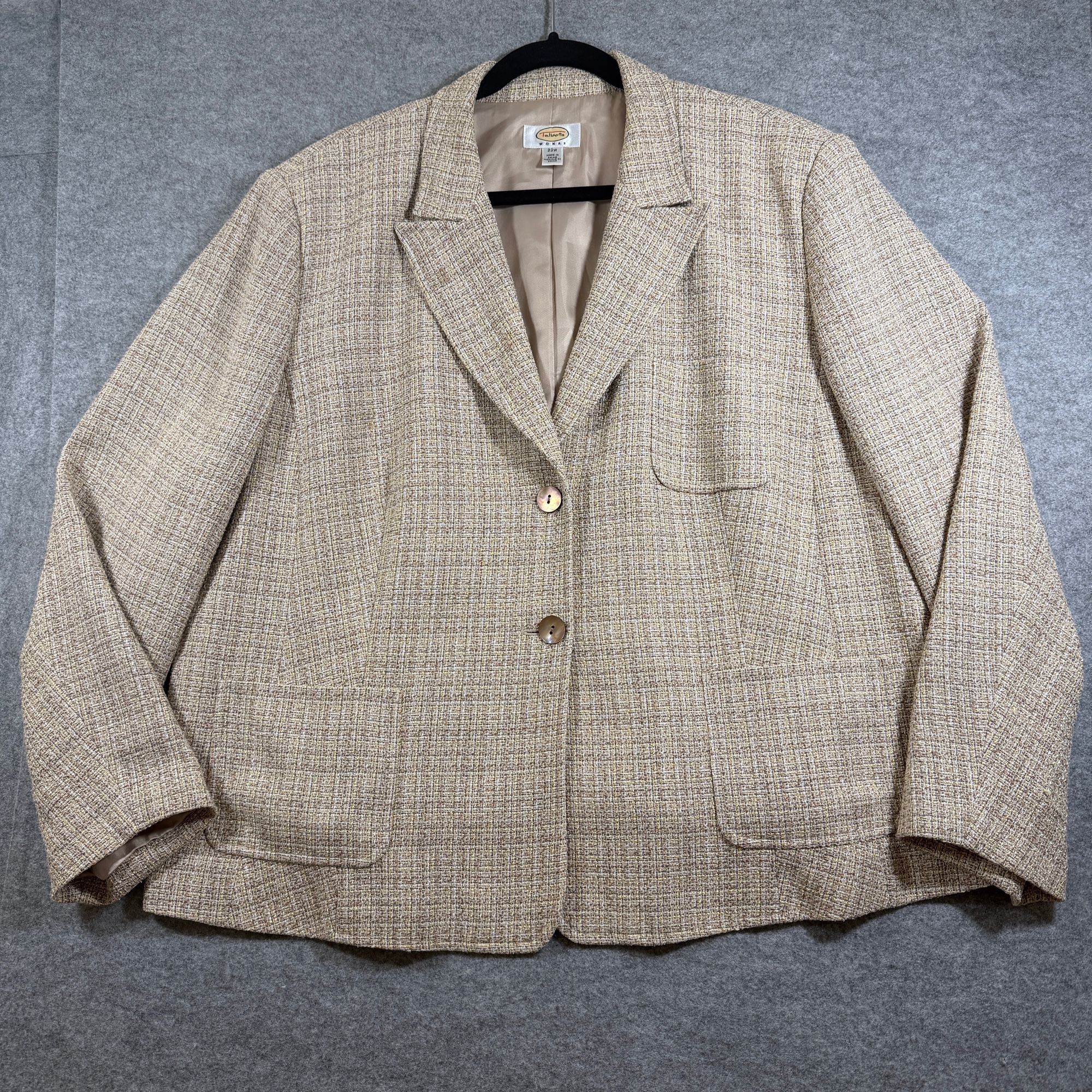 Vintage Talbots Tweed Blazer Jacket Womens 22W Tan Beige Two Button Linen Blend