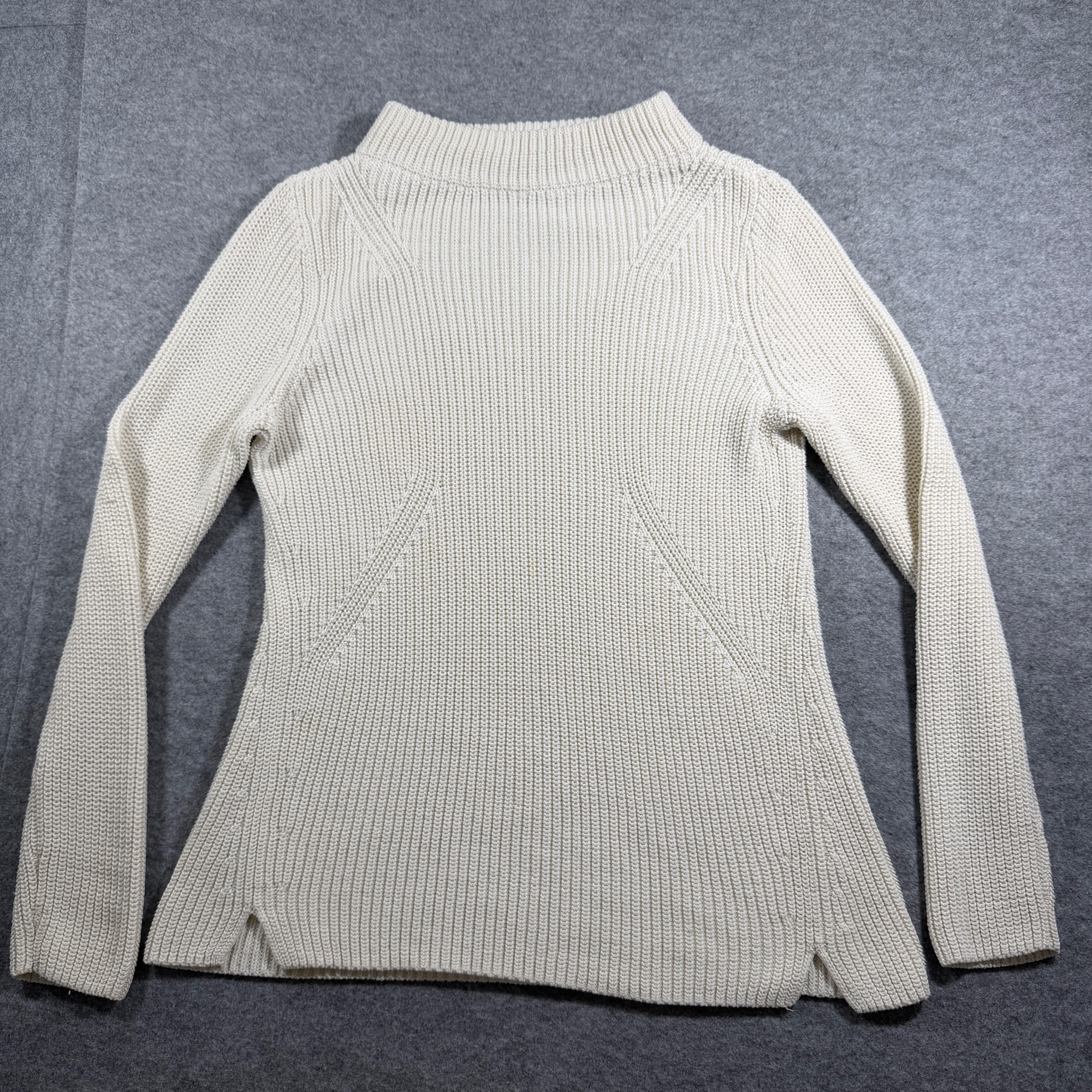 Talbots Sweater Womens L Cream Mock Neck Ribbed Knit Cotton Side Vents