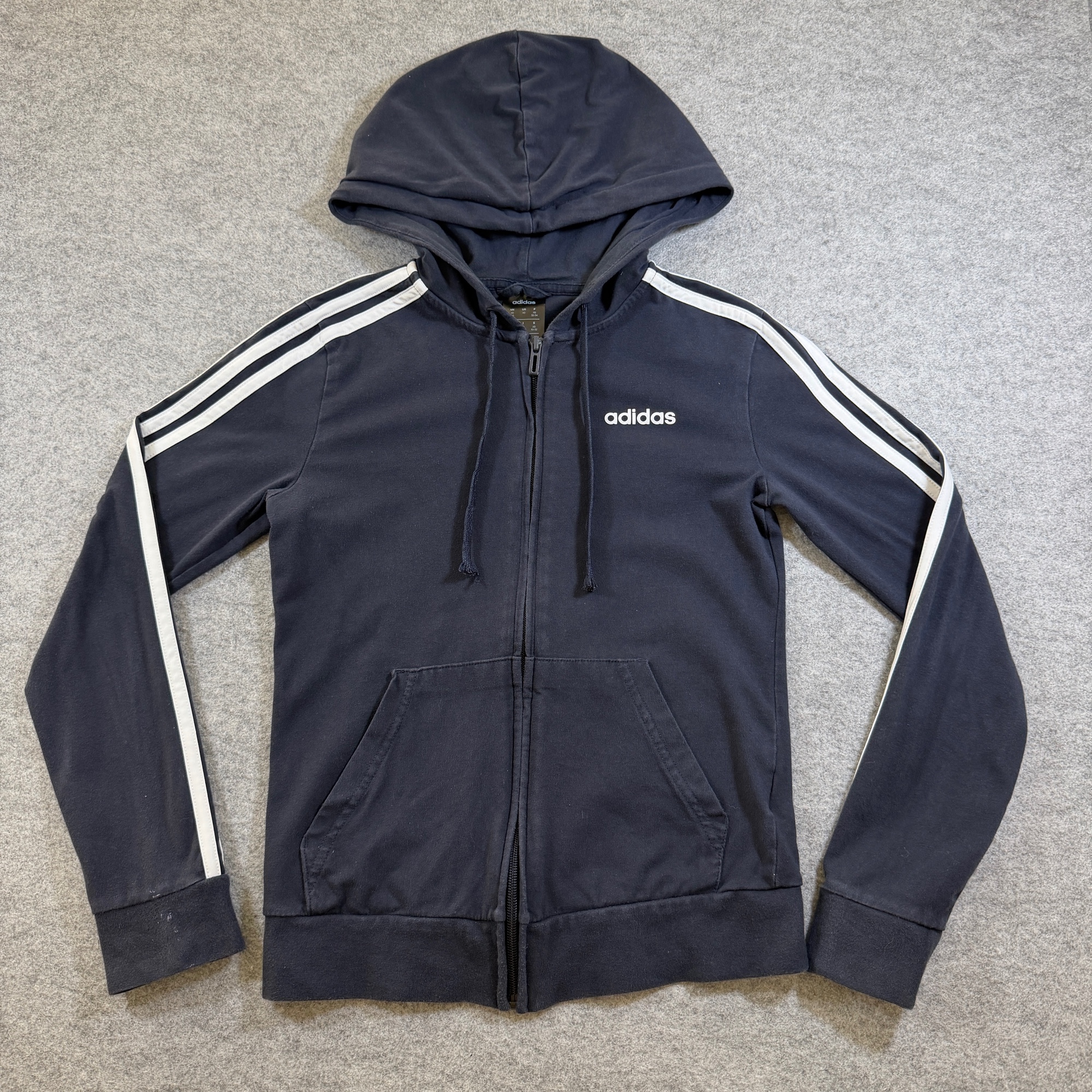 Adidas Full Zip Hoodie Womens XS Navy 3-Stripe Drawstring Kangaroo Pocket Cotton