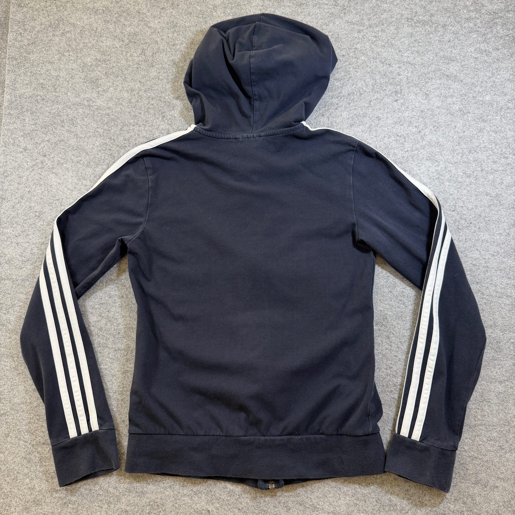 Adidas Full Zip Hoodie Womens XS Navy 3-Stripe Drawstring Kangaroo Pocket Cotton thumbnail 2