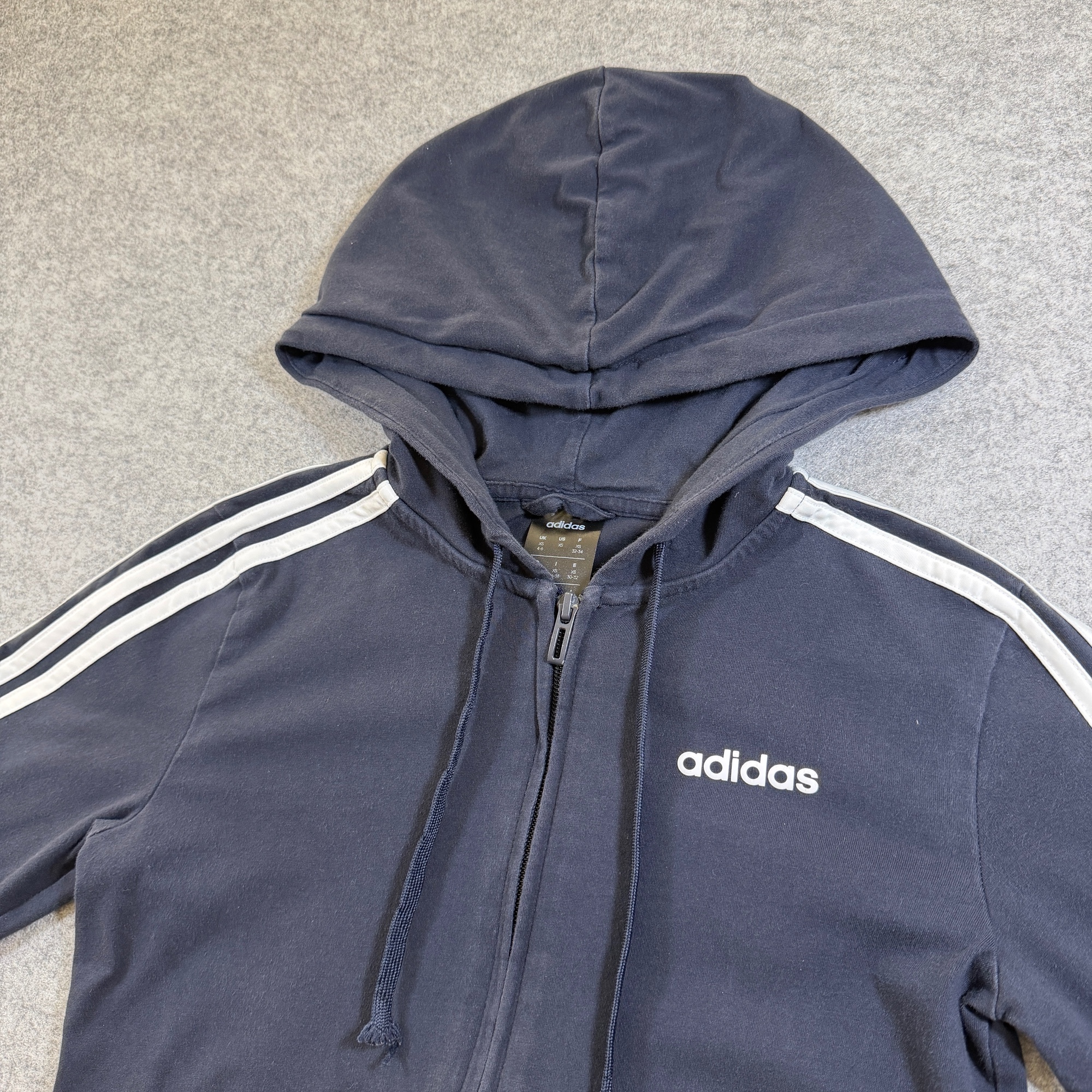 Adidas Full Zip Hoodie Womens XS Navy 3-Stripe Drawstring Kangaroo Pocket Cotton thumbnail 4