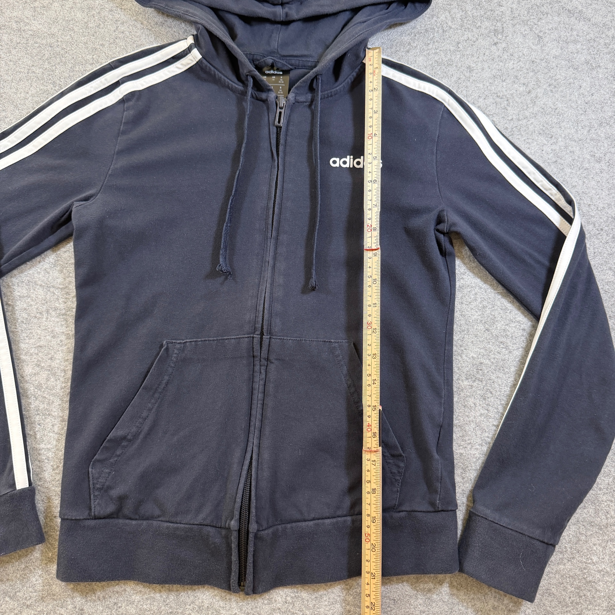 Adidas Full Zip Hoodie Womens XS Navy 3-Stripe Drawstring Kangaroo Pocket Cotton thumbnail 6