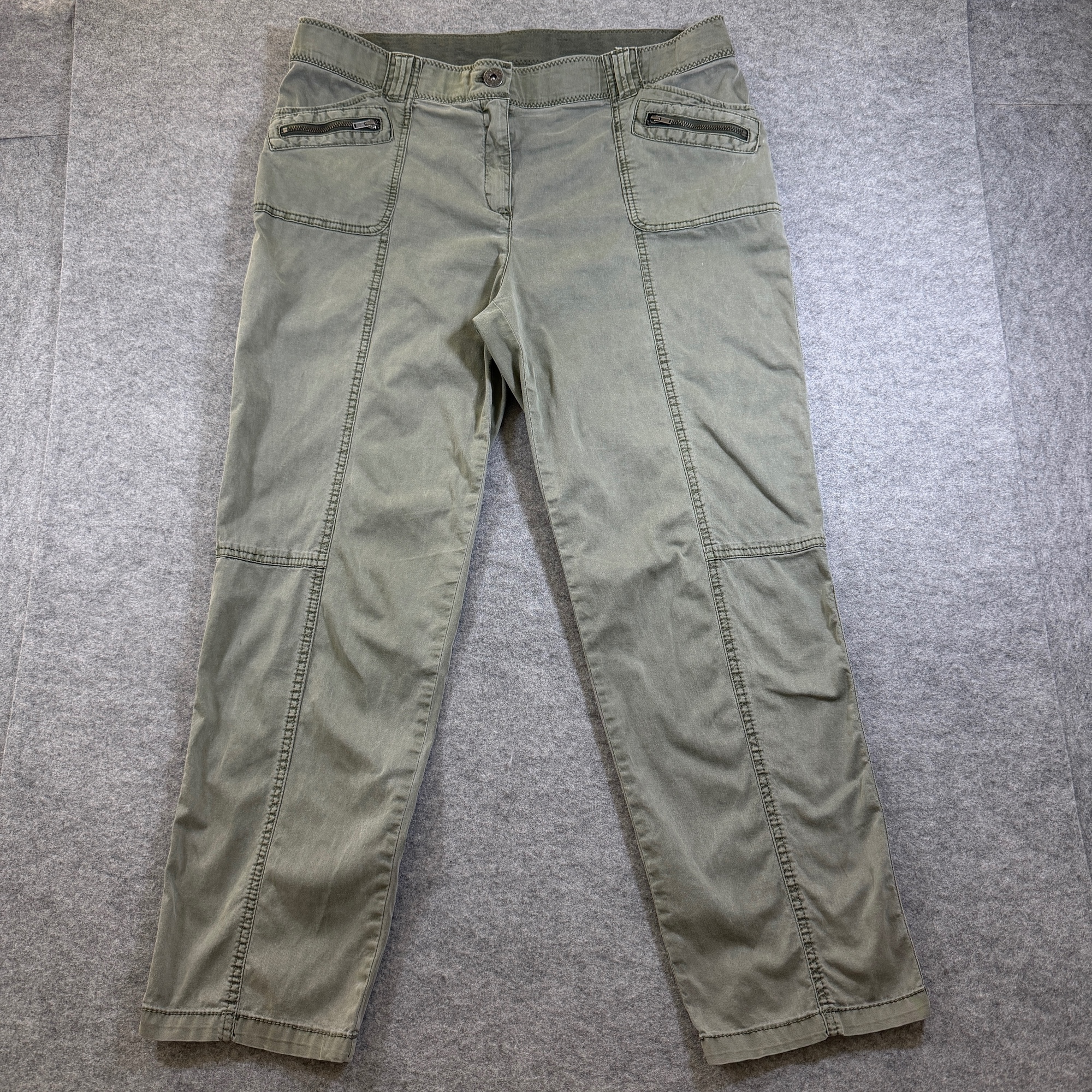 Chicos Pants Womens 2 (L) Olive Green Stretch Zip Pockets Straight Leg Casual