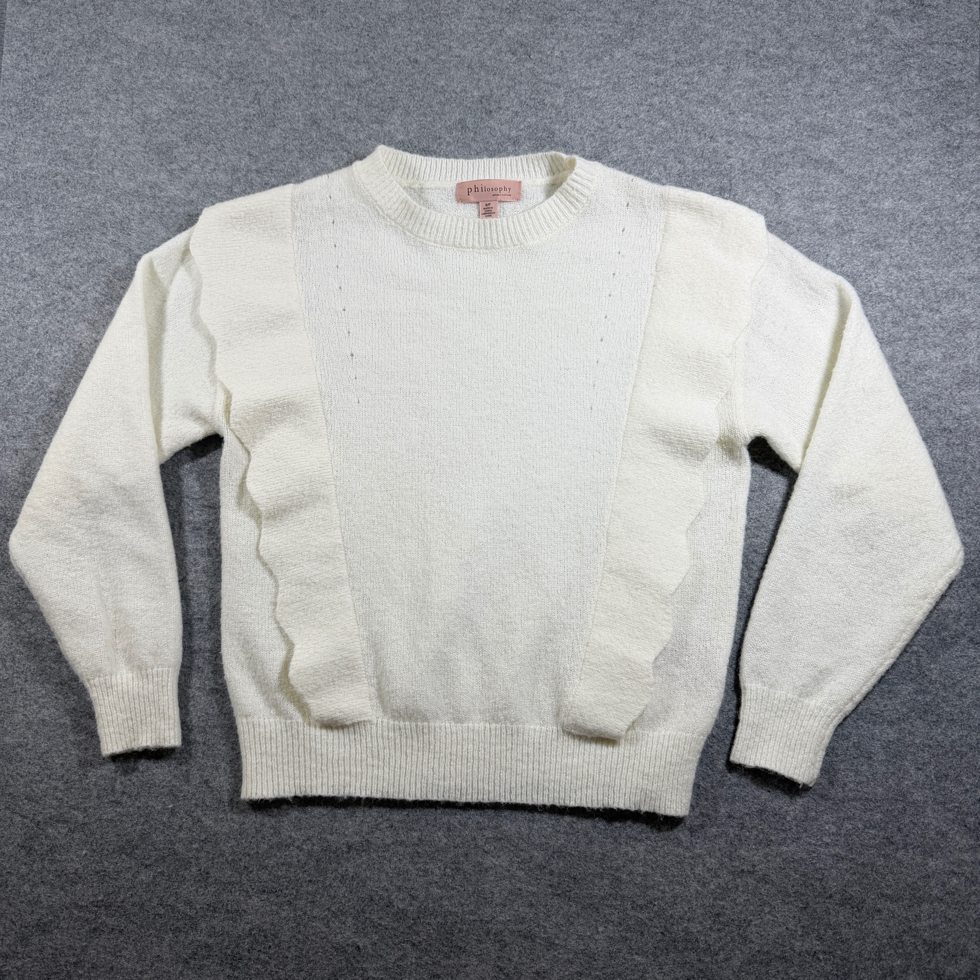 Philosophy Republic Sweater Womens S Ivory Wool Blend Scalloped Ruffle Trim