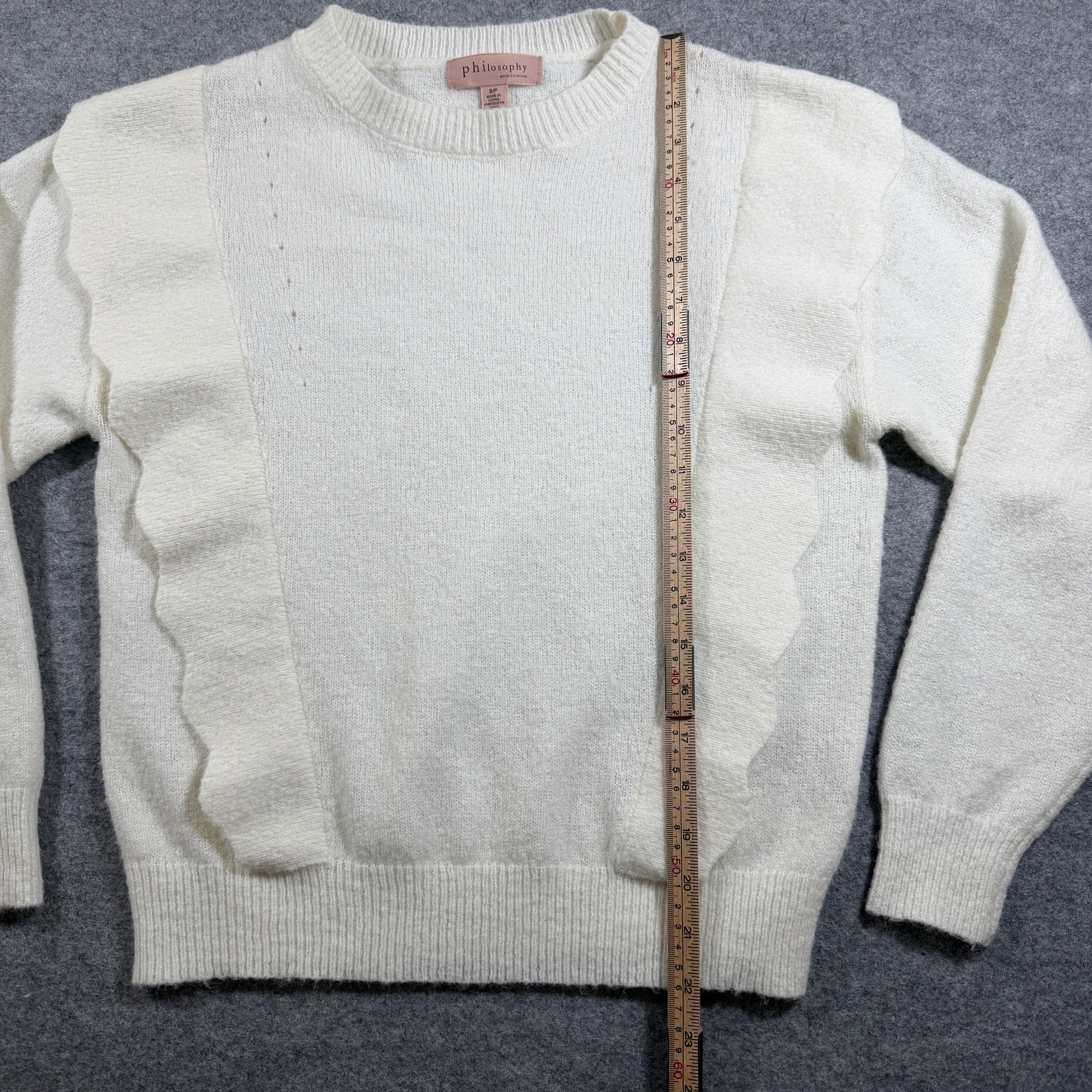 Philosophy Republic Sweater Womens S Ivory Wool Blend Scalloped Ruffle Trim thumbnail 7