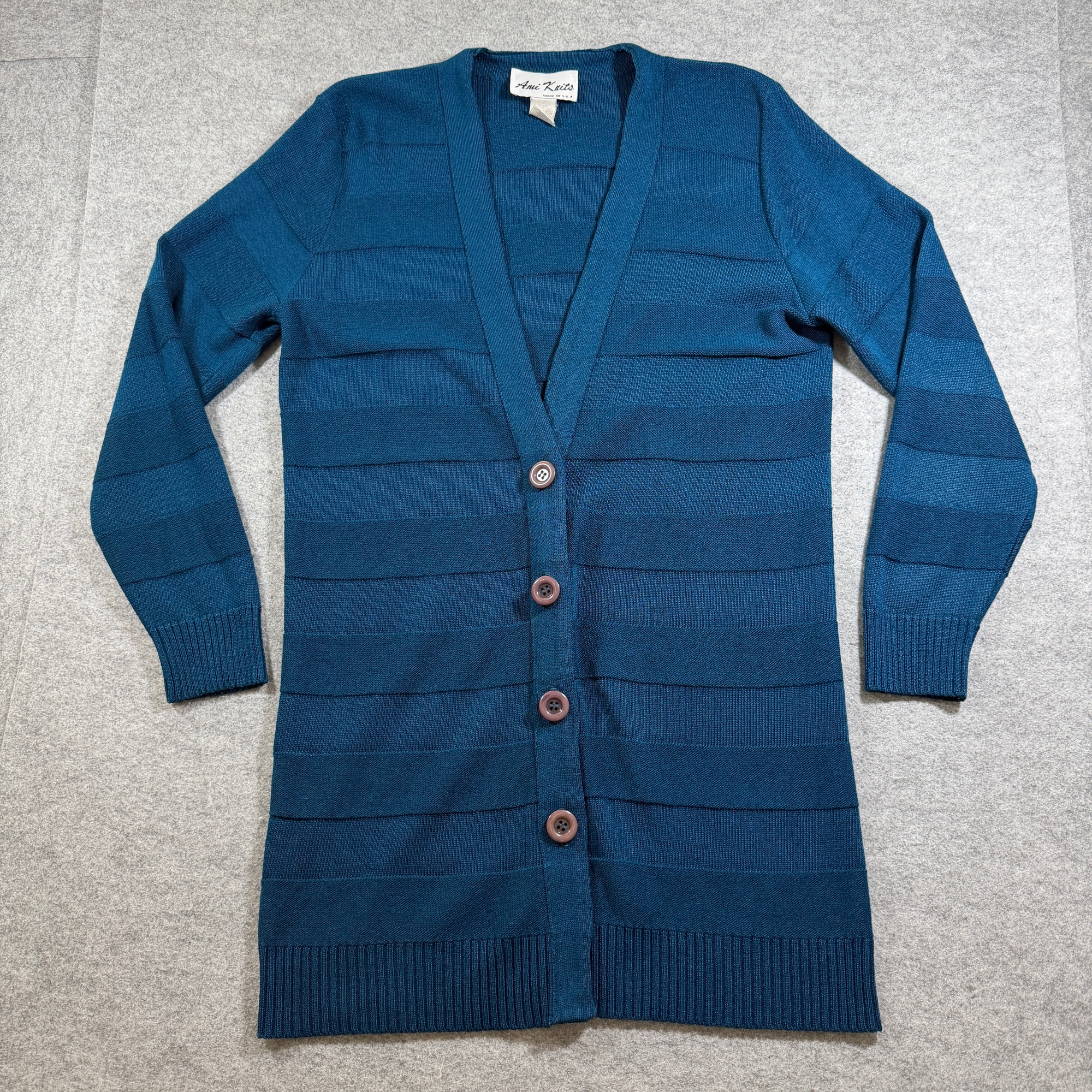 Vintage 80s Ami Knits Long Cardigan Sweater Womens 12 Blue Button Front USA Made
