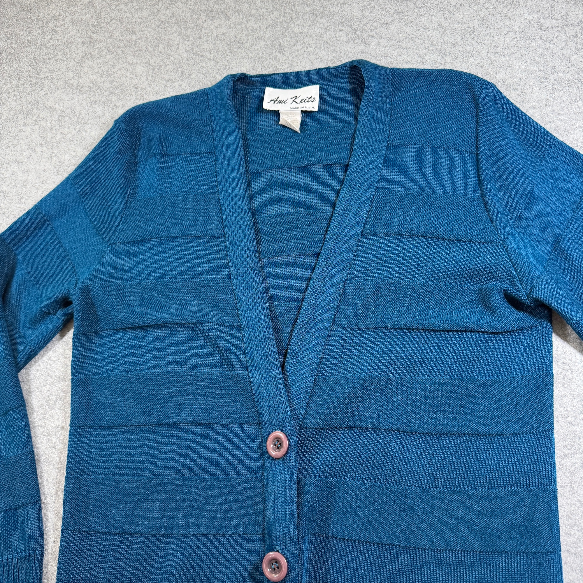 Vintage 80s Ami Knits Long Cardigan Sweater Womens 12 Blue Button Front USA Made thumbnail 3