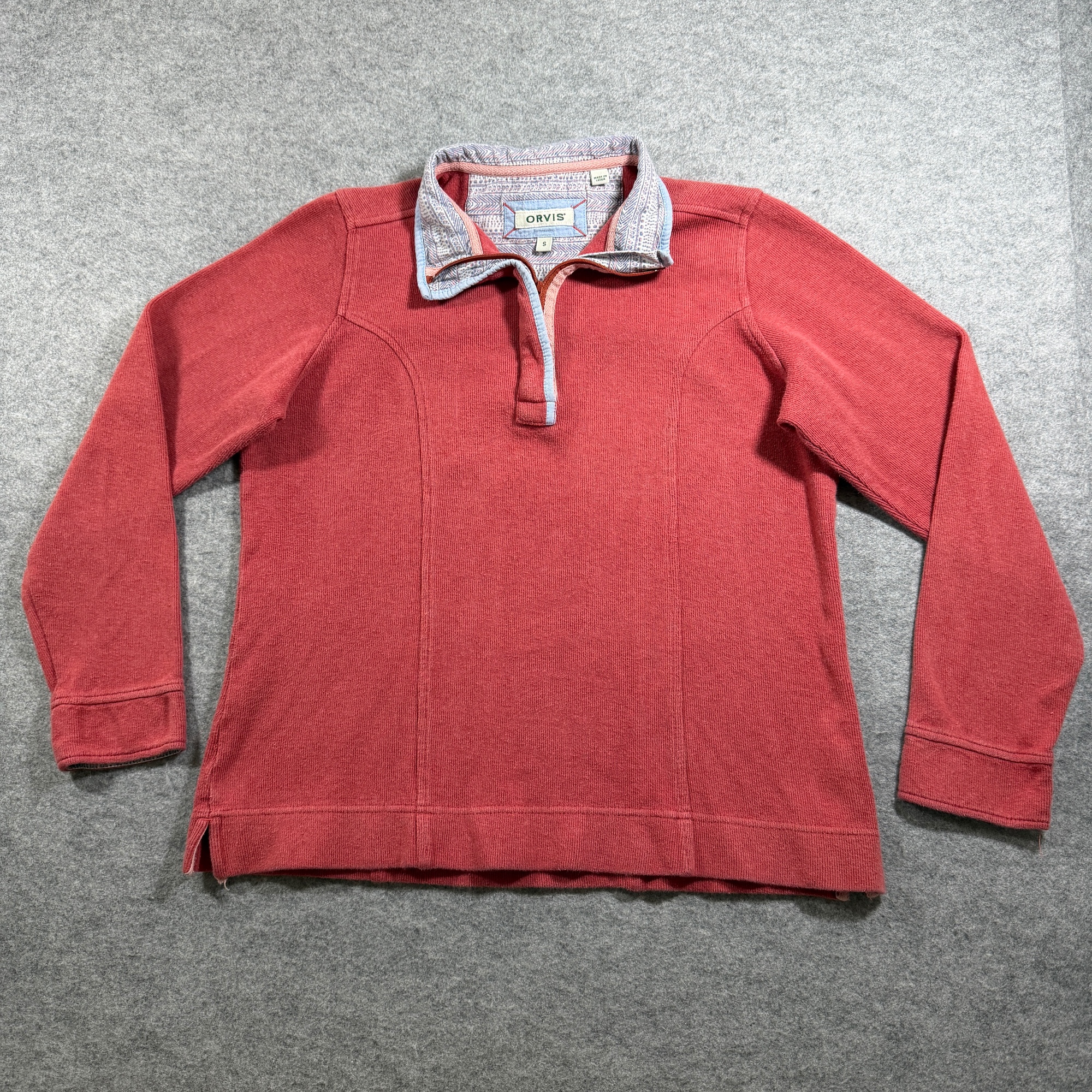 Orvis 1/4 Zip Sweater Womens S Coral Red Ribbed Knit Pullover Outdoor Preppy