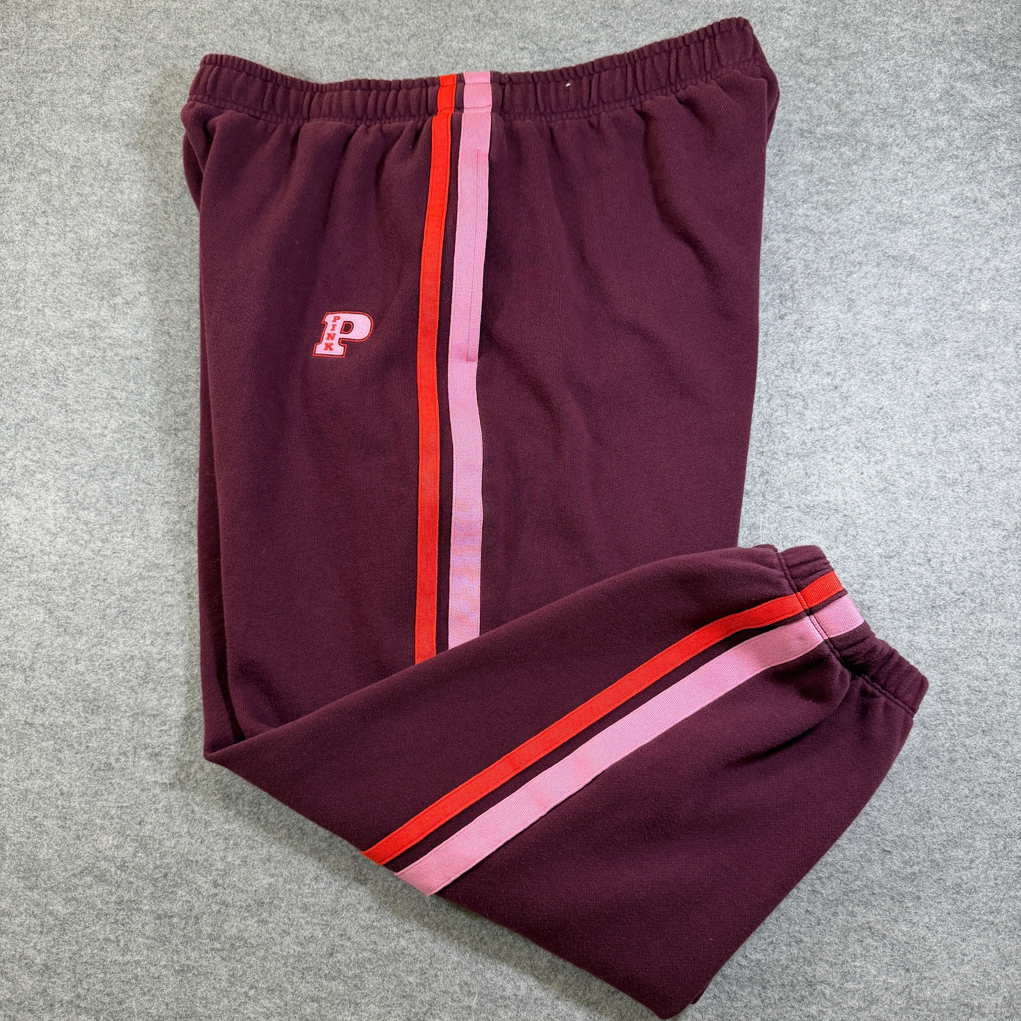 PINK Victoria's Secret Sweatpants Womens XL Maroon Stripe Jogger Cotton Fleece