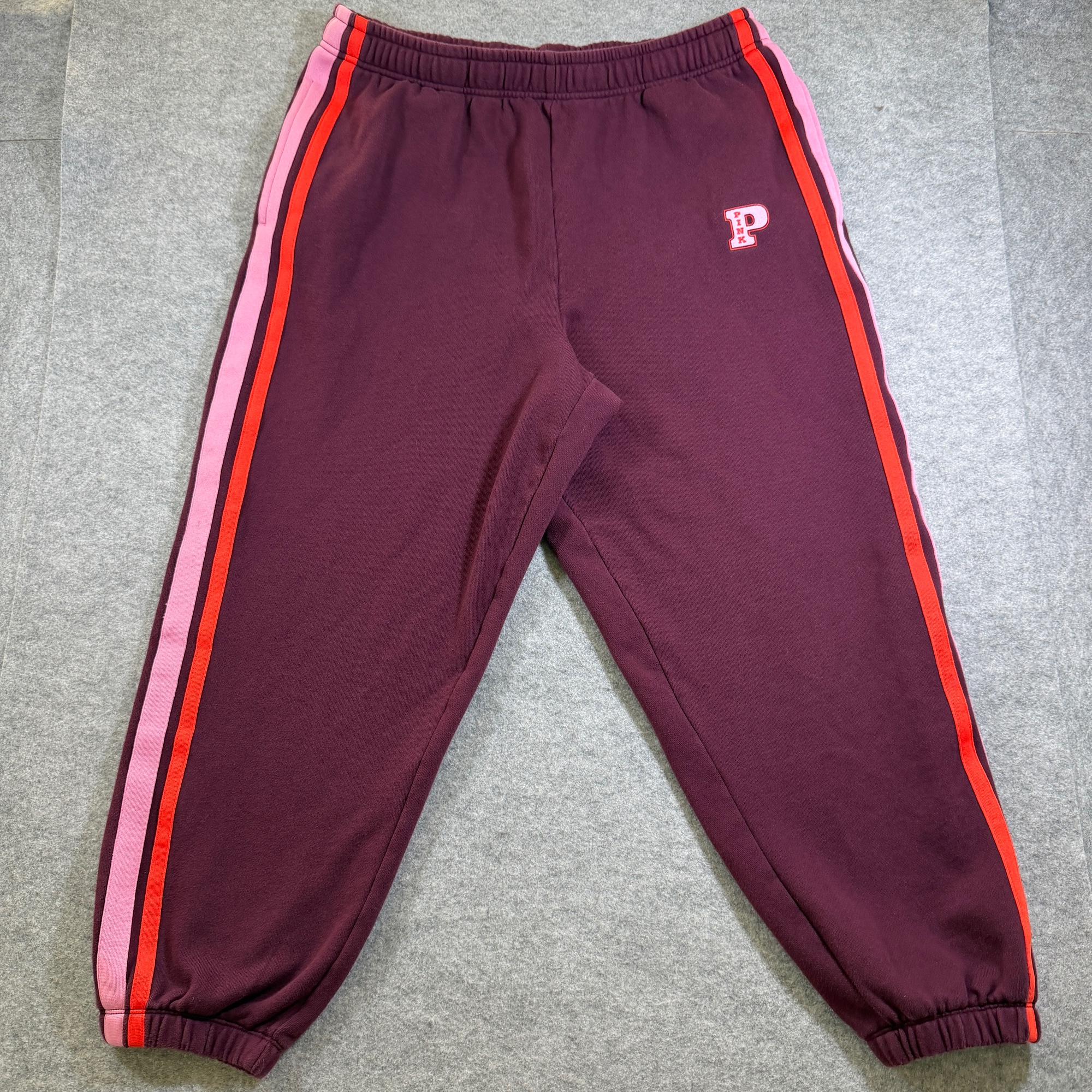 PINK Victoria's Secret Sweatpants Womens XL Maroon Stripe Jogger Cotton Fleece thumbnail 2