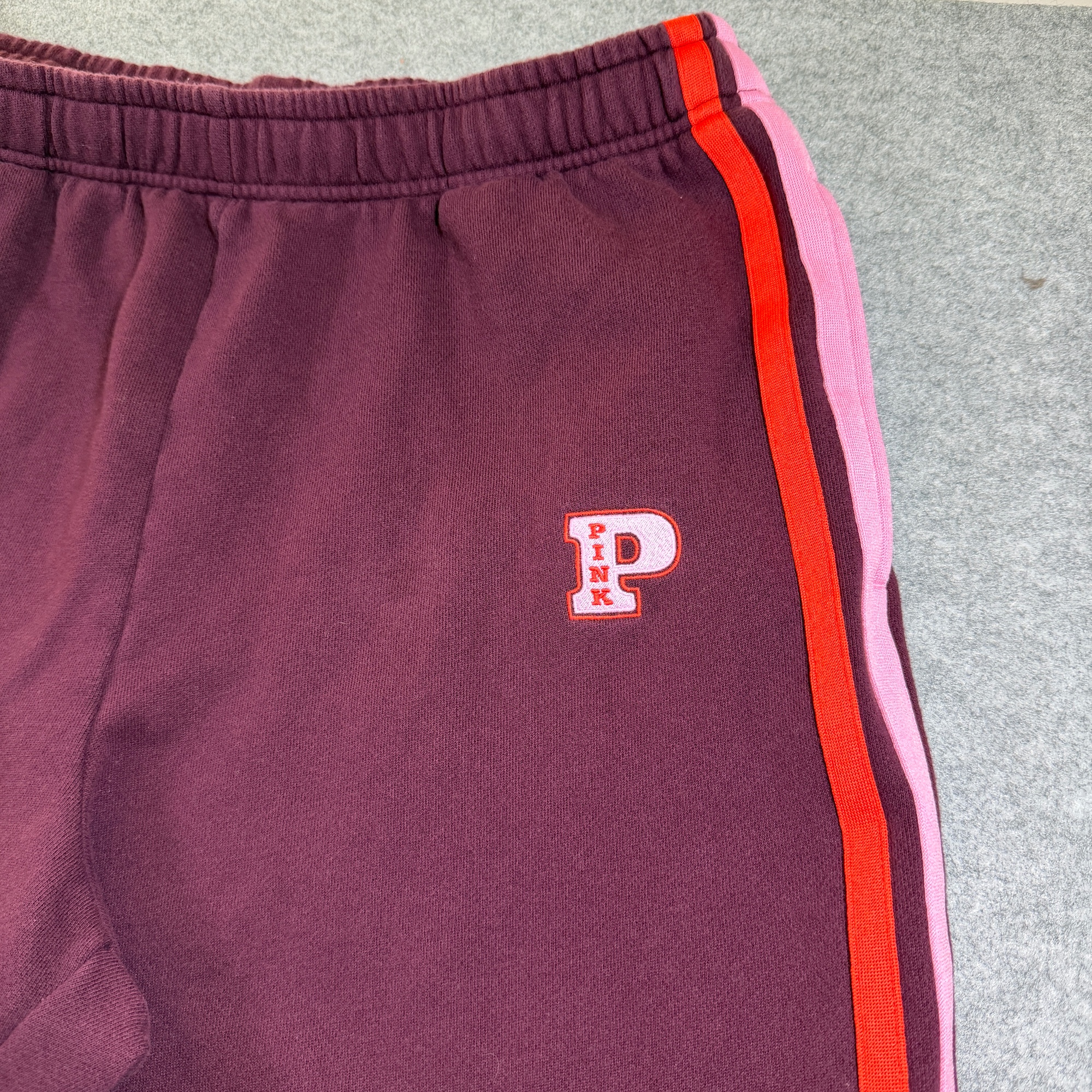 PINK Victoria's Secret Sweatpants Womens XL Maroon Stripe Jogger Cotton Fleece thumbnail 3