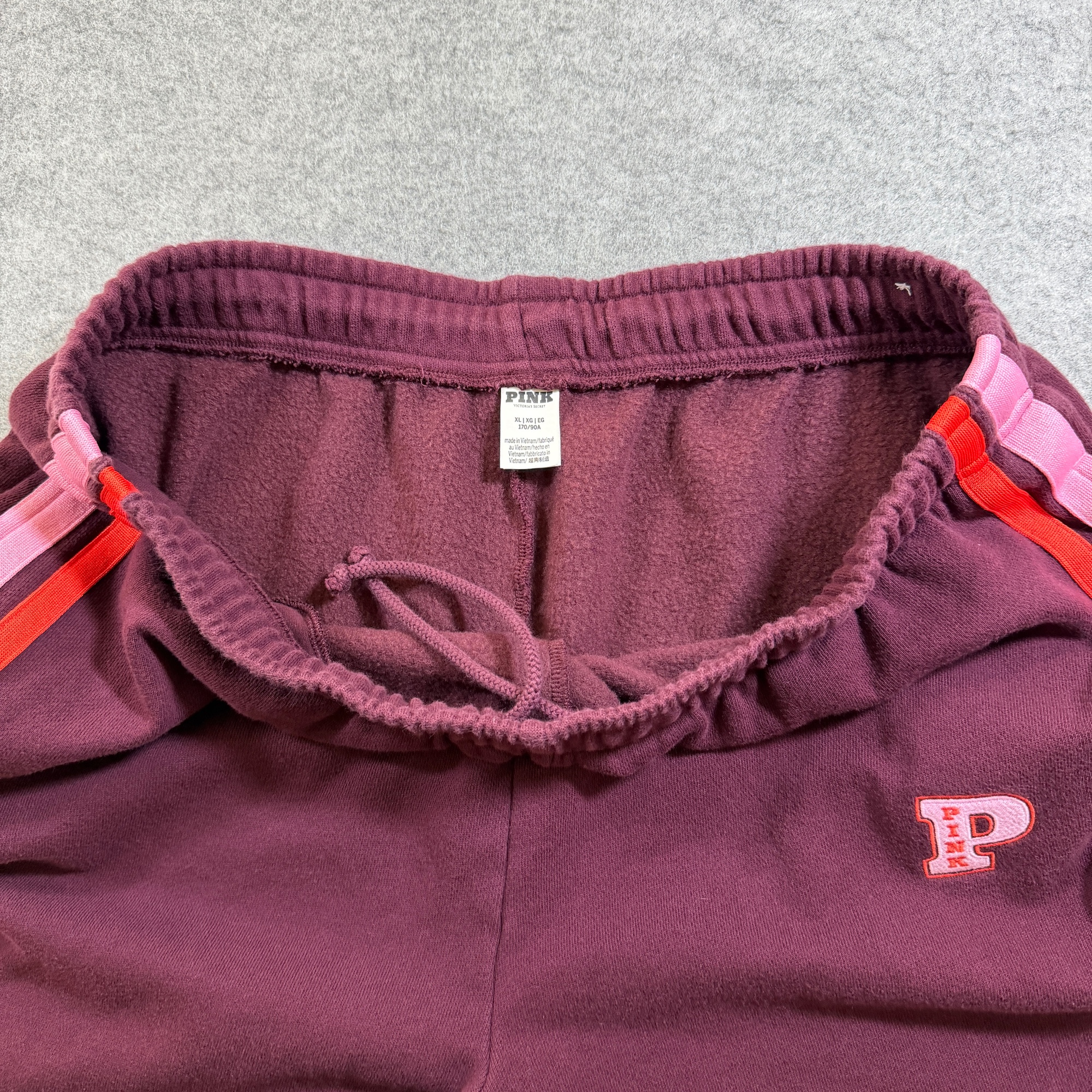 PINK Victoria's Secret Sweatpants Womens XL Maroon Stripe Jogger Cotton Fleece thumbnail 5
