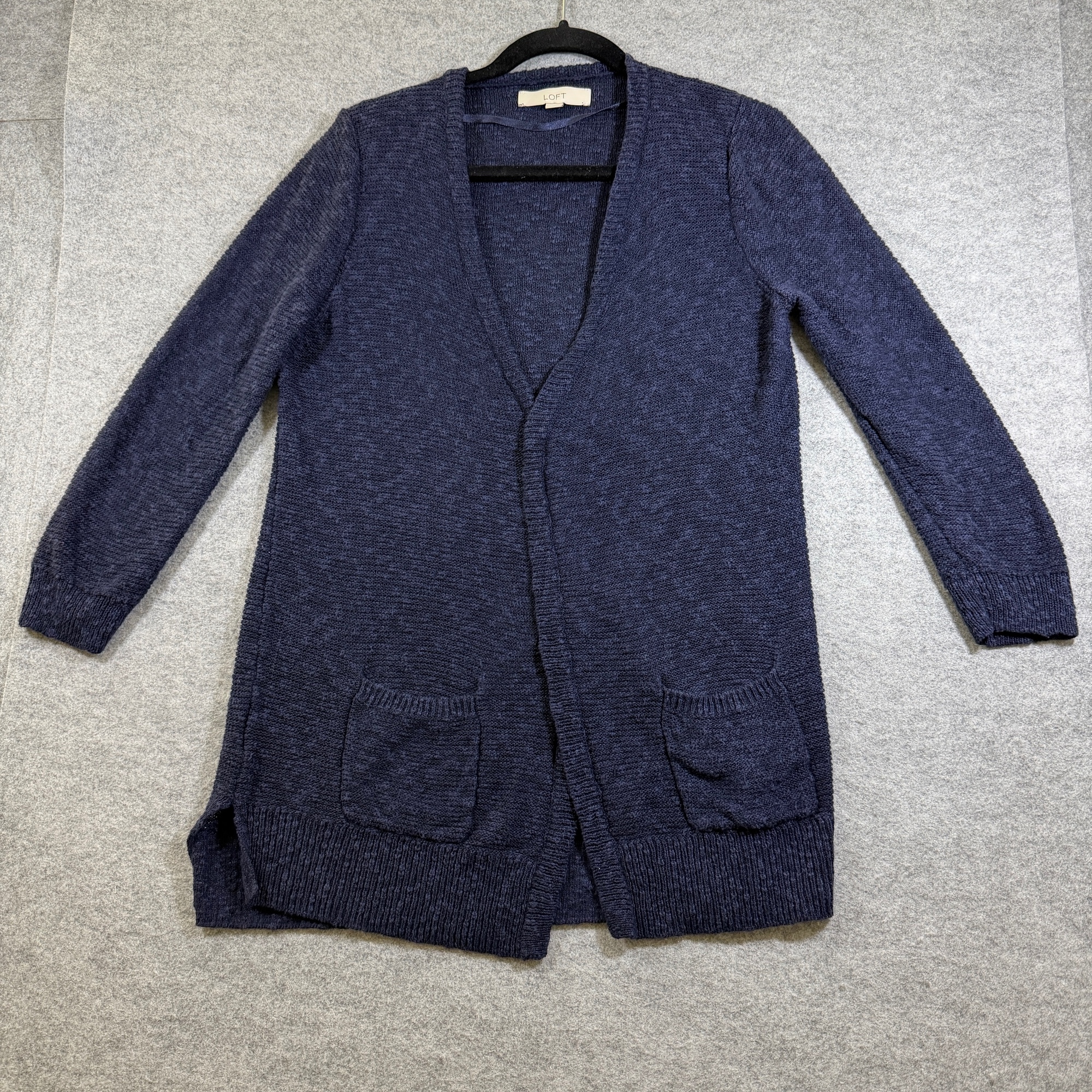 LOFT Open Front Cardigan Sweater Womens M Navy Blue Linen Cotton Patch Pocket