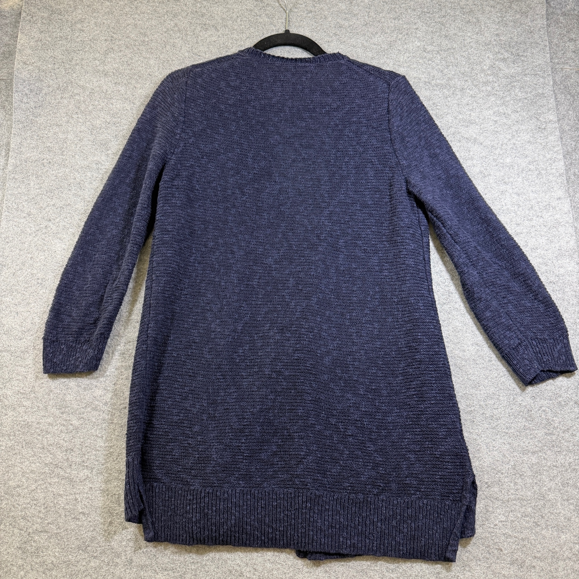 LOFT Open Front Cardigan Sweater Womens M Navy Blue Linen Cotton Patch Pocket thumbnail 2