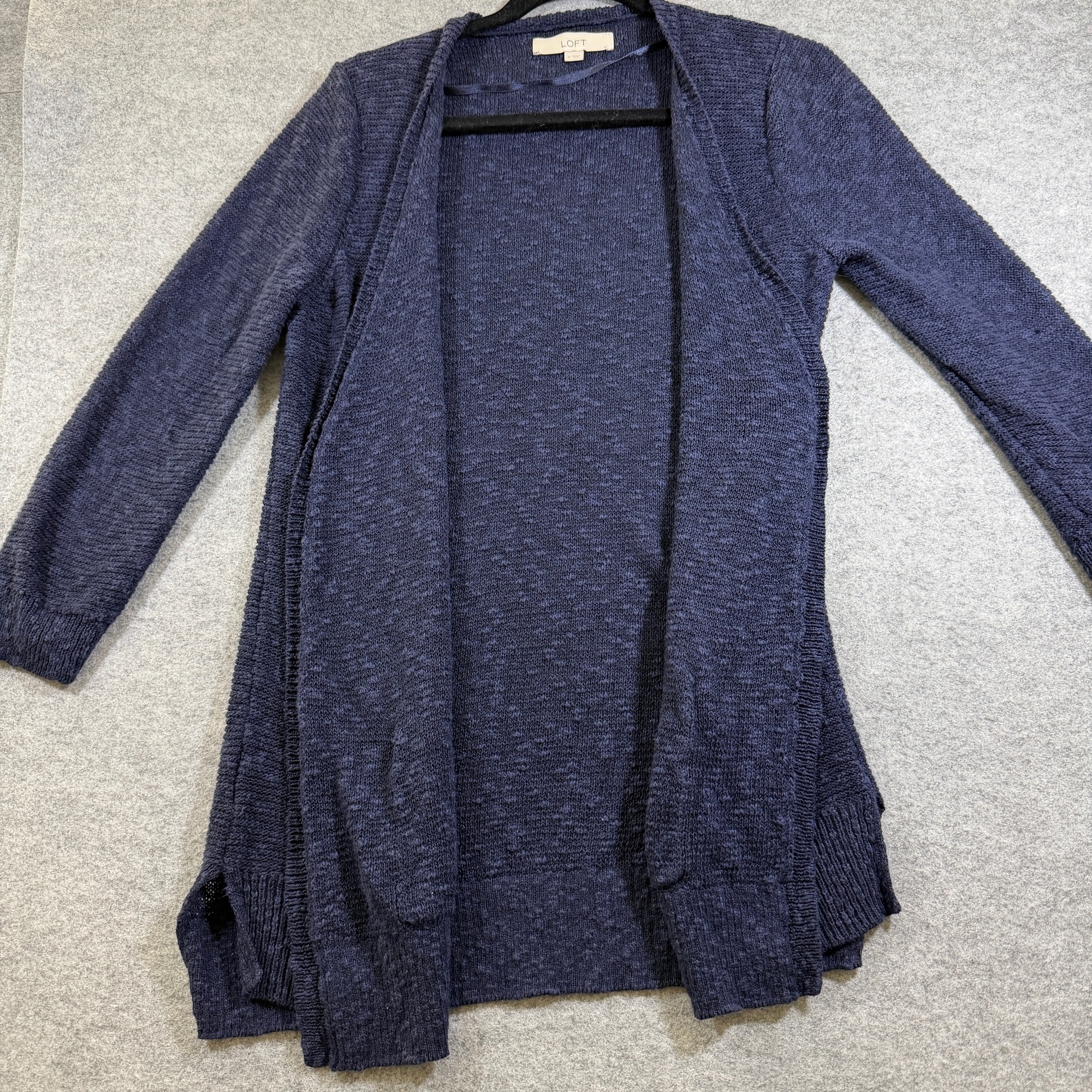 LOFT Open Front Cardigan Sweater Womens M Navy Blue Linen Cotton Patch Pocket thumbnail 3