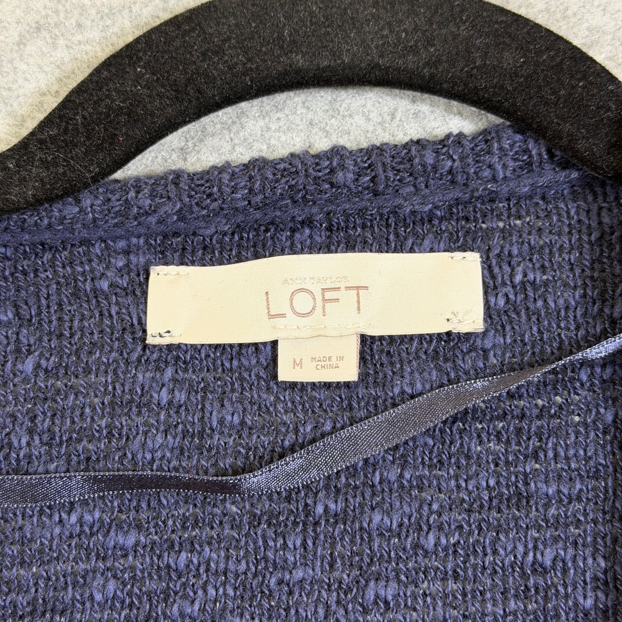 LOFT Open Front Cardigan Sweater Womens M Navy Blue Linen Cotton Patch Pocket thumbnail 4